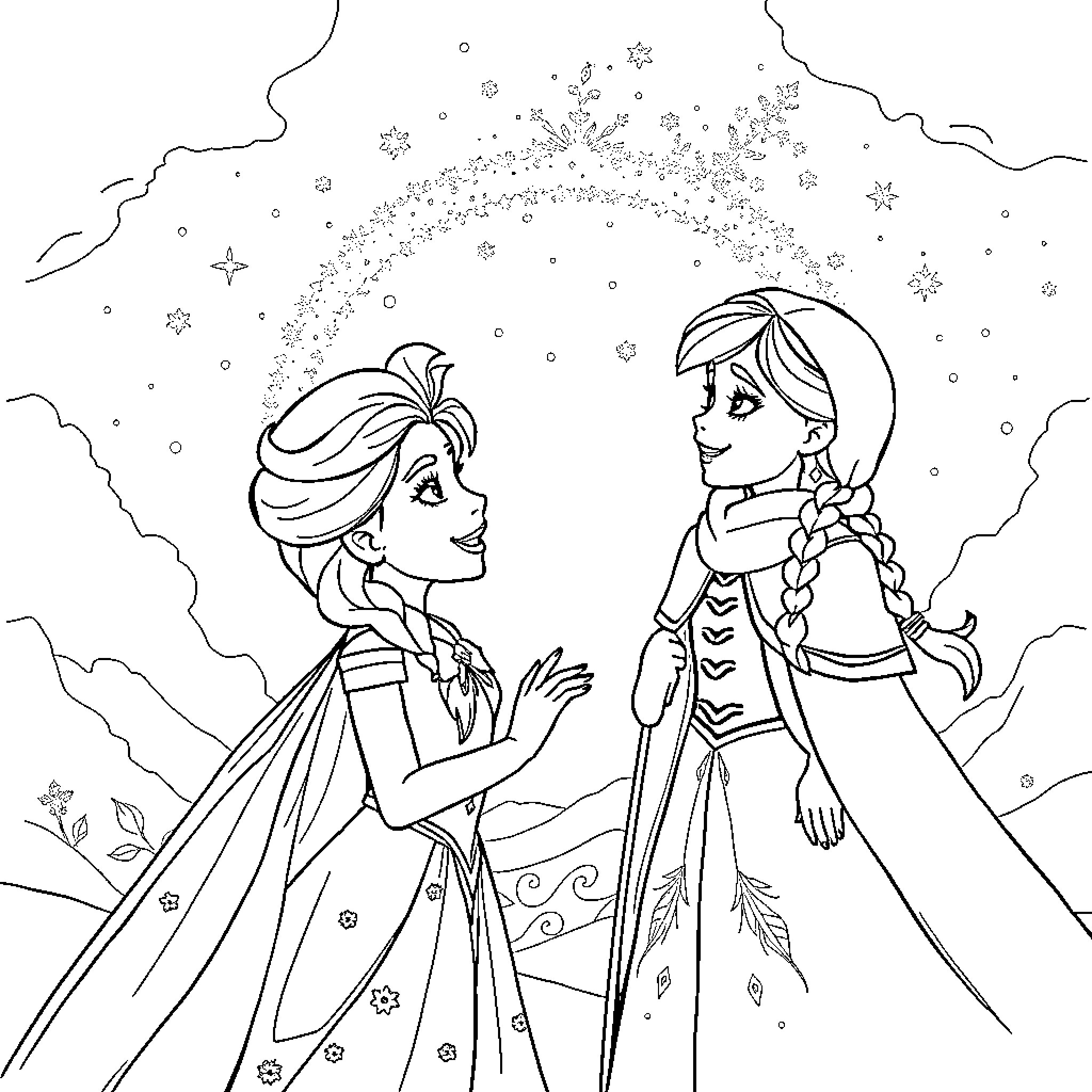 Elsa and Anna enjoying a magical winter night Coloring Page (free black-and-white line drawing printable PDF for all, from beginners to advanced learners, including children, teens, adults, and seniors)