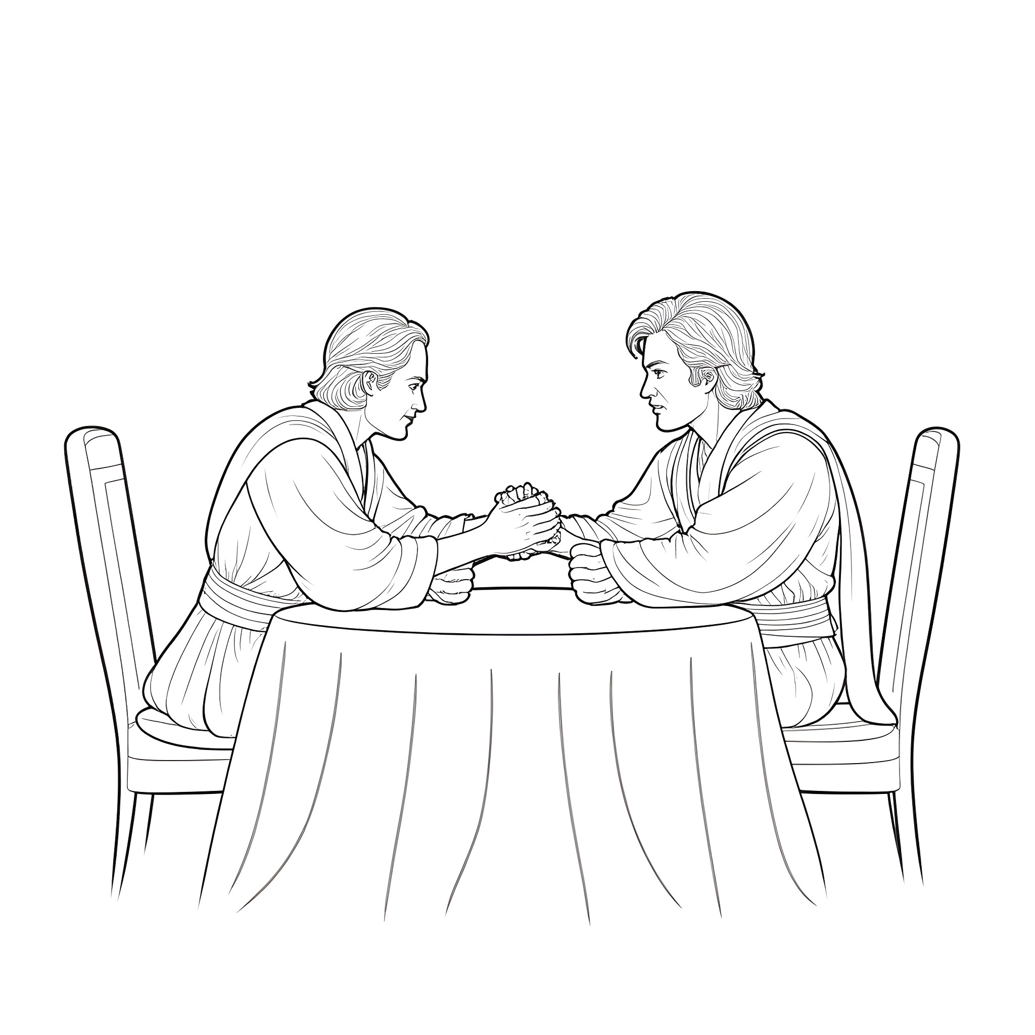 Obi-Wan Kenobi and Anakin Skywalker in discussion Coloring Page (free black-and-white line drawing printable PDF for all, from beginners to advanced learners, including children, teens, adults, and seniors)