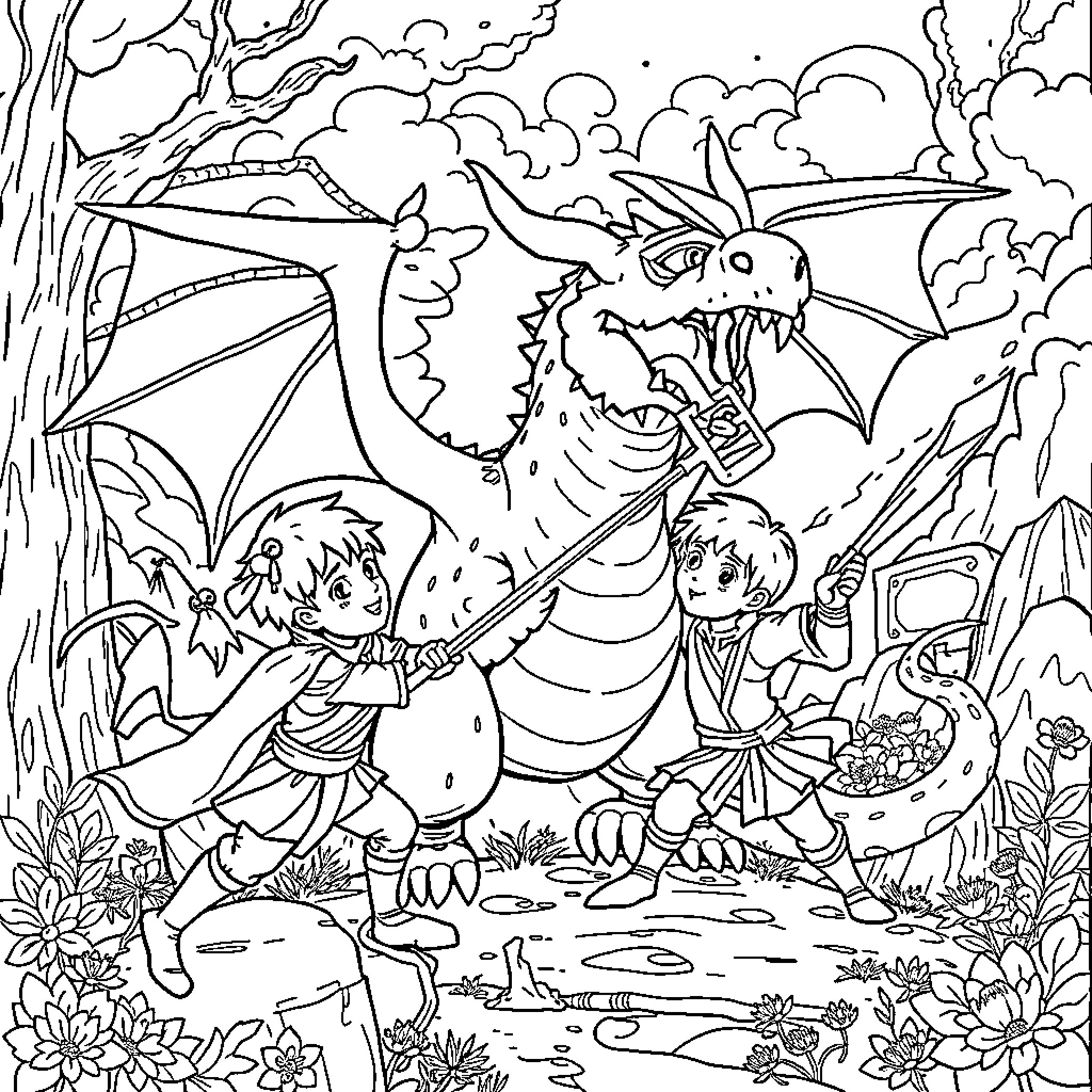 Boy Encounters Fierce Dragon in Magical Forest Coloring Page (free black-and-white line drawing printable PDF for all, from beginners to advanced learners, including children, teens, adults, and seniors)
