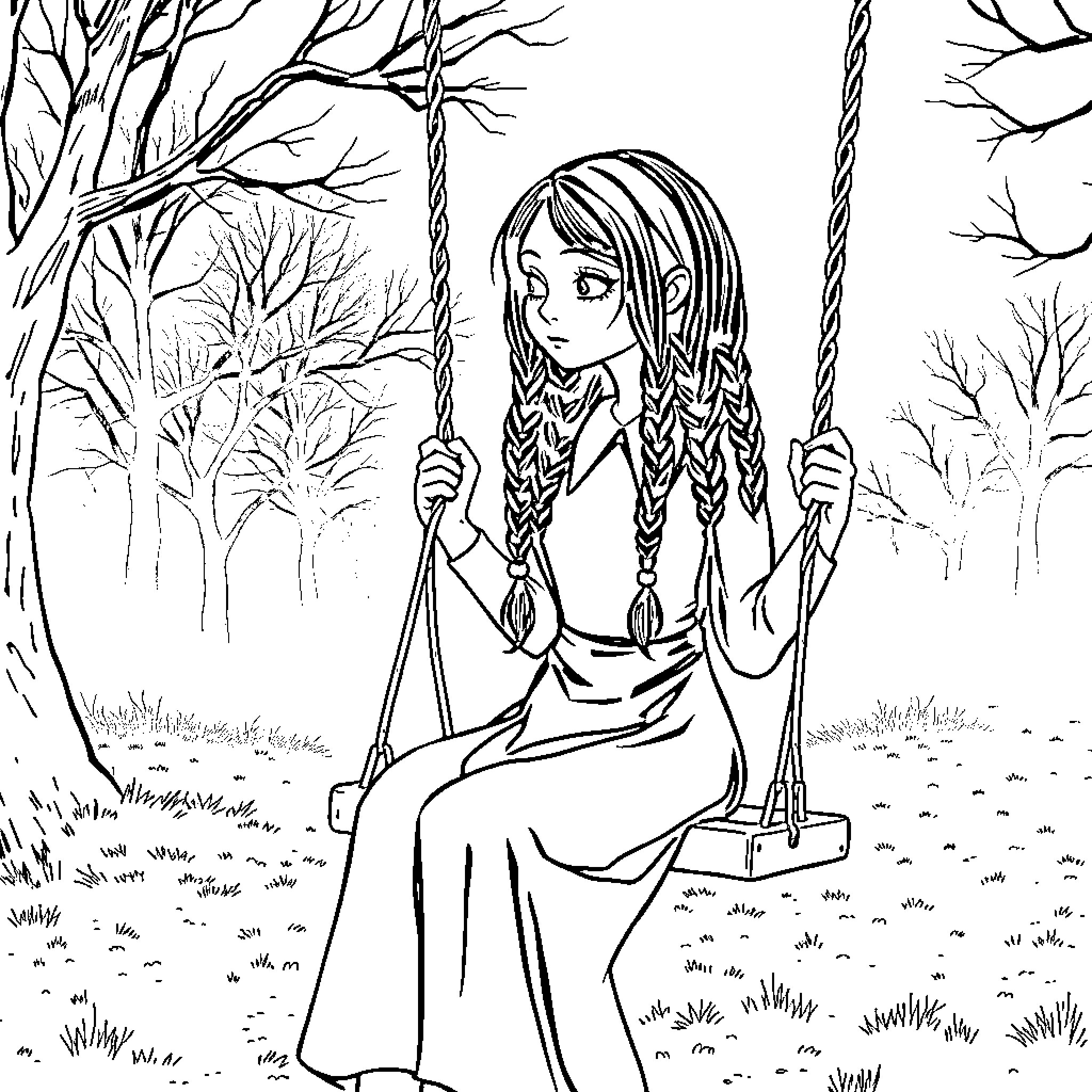 Wednesday Addams sitting on a swing in a forest Coloring Page (free black-and-white line drawing printable PDF for all, from beginners to advanced learners, including children, teens, adults, and seniors)