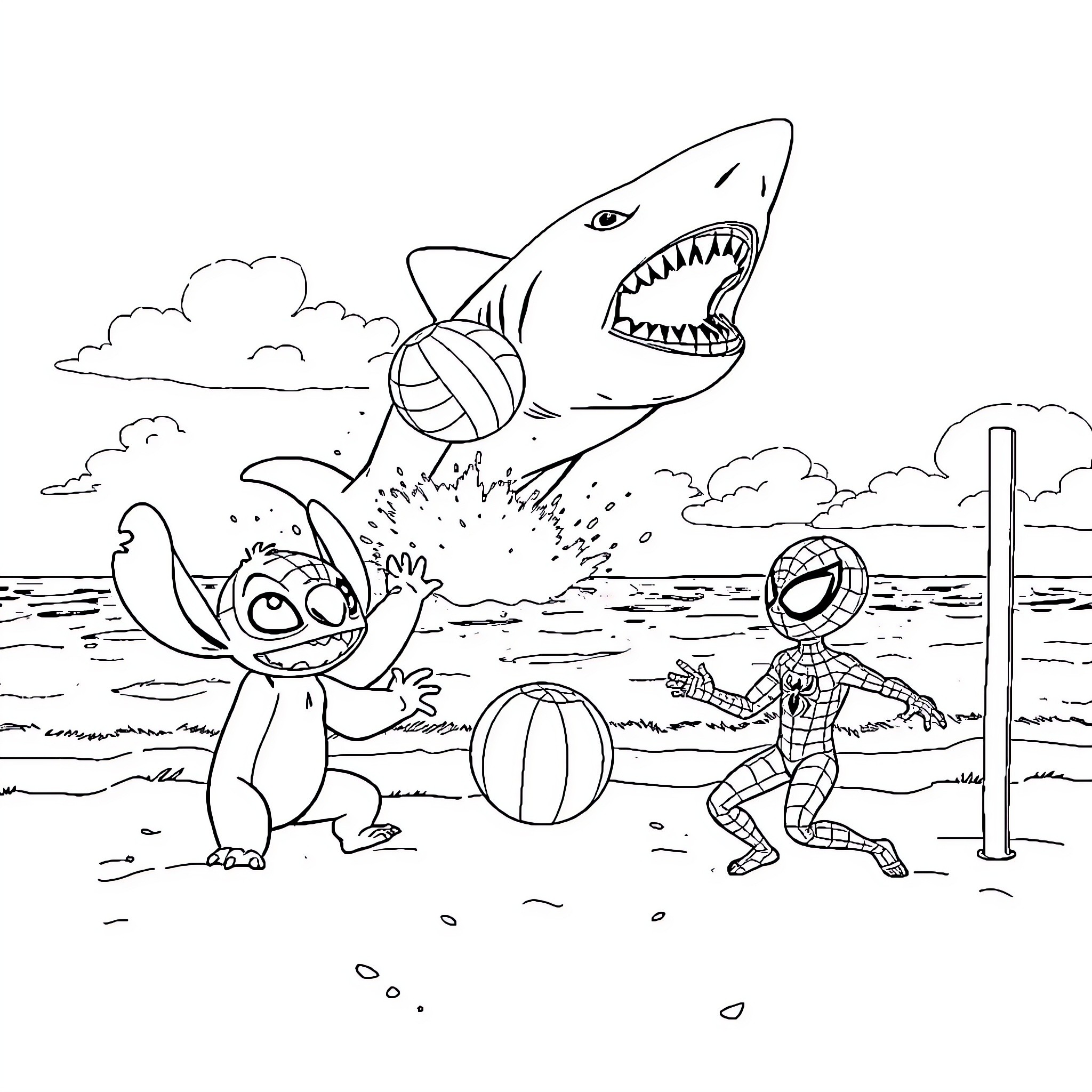 Stitch and Spider-Man play in the ocean Coloring Page (free black-and-white line drawing printable PDF for all, from beginners to advanced learners, including children, teens, adults, and seniors)
