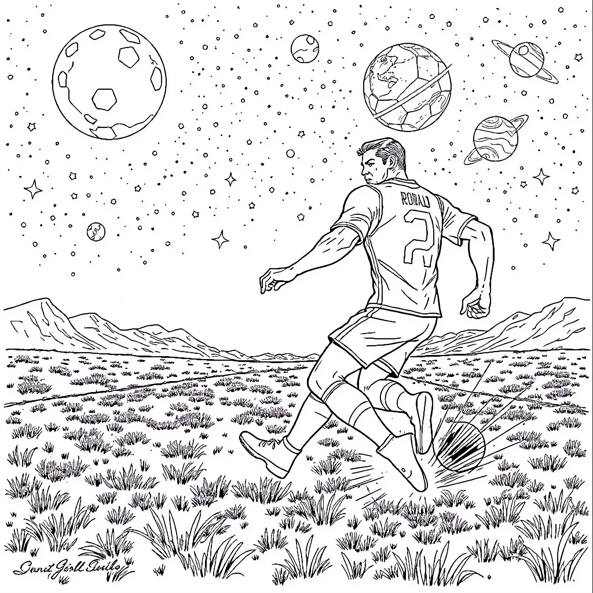 Ronaldo's cosmic football adventure in the starry universe Coloring Page (free black-and-white line drawing printable PDF for all, from beginners to advanced learners, including children, teens, adults, and seniors)