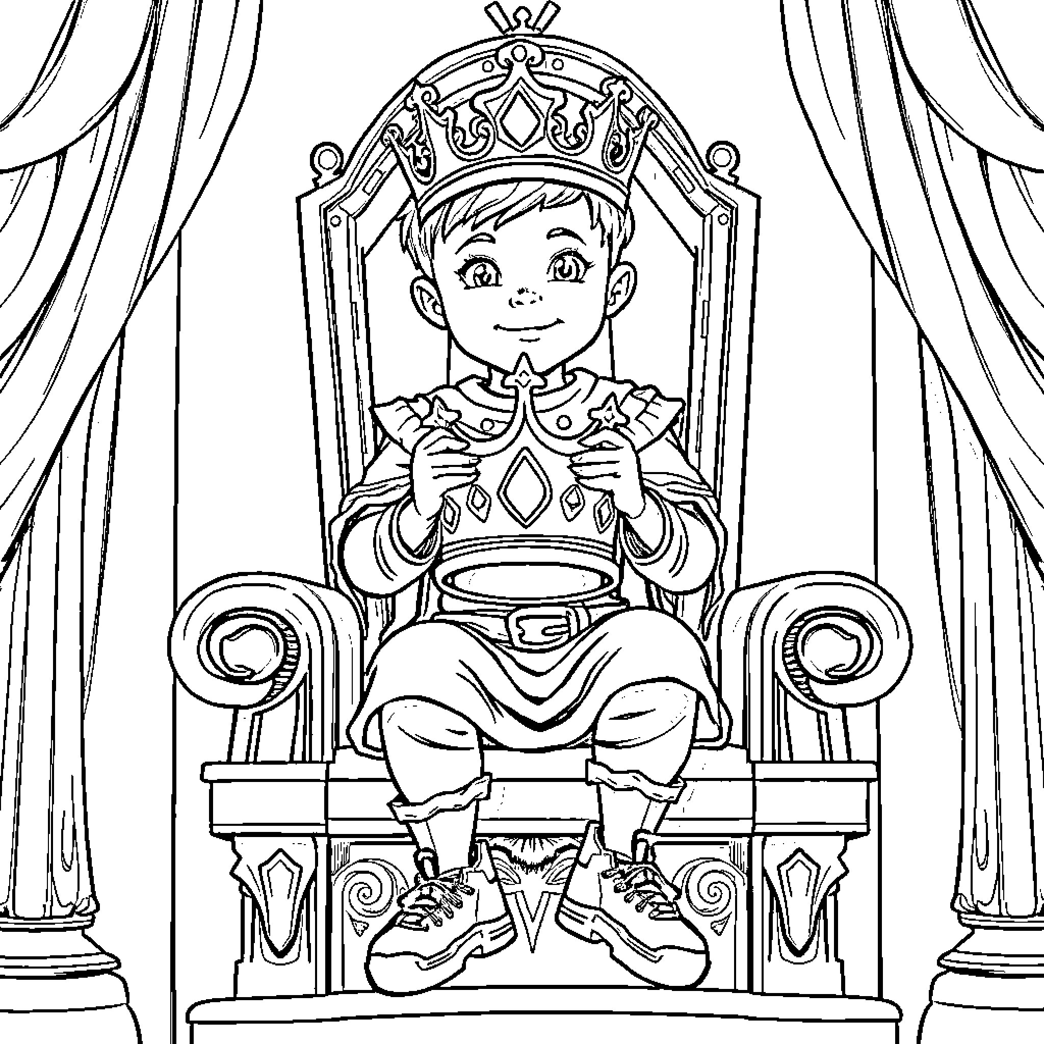 Boy sitting on ornate throne with crown Coloring Page (free black-and-white line drawing printable PDF for all, from beginners to advanced learners, including children, teens, adults, and seniors)
