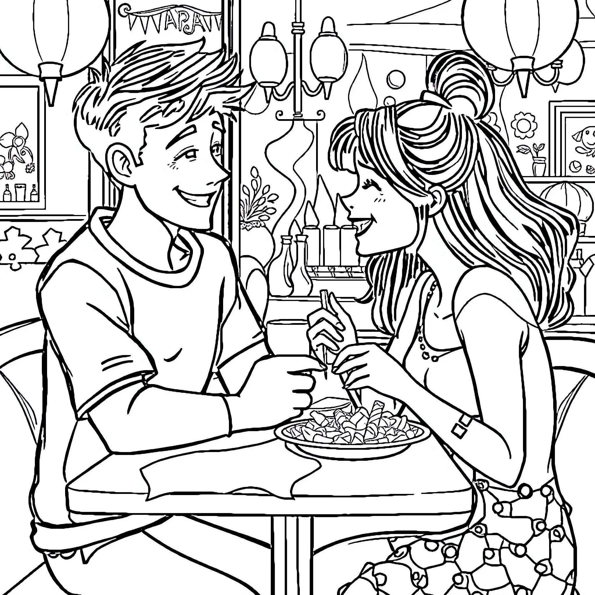 Boy and girl enjoying a meal together Coloring Page (free black-and-white line drawing printable PDF for all, from beginners to advanced learners, including children, teens, adults, and seniors)