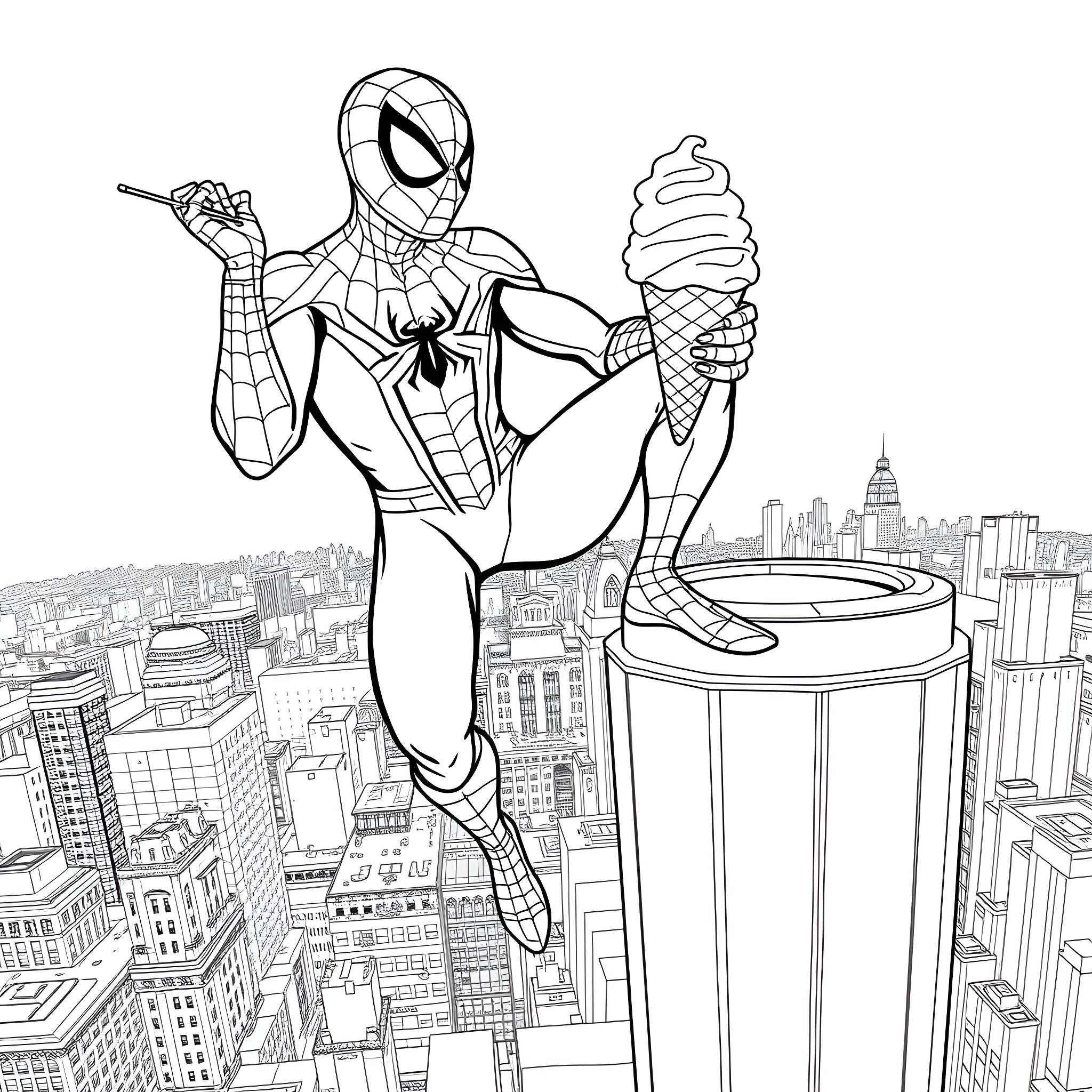 Spiderman swinging through the city enjoying an ice cream Coloring Page (free black-and-white line drawing printable PDF for all, from beginners to advanced learners, including children, teens, adults, and seniors)