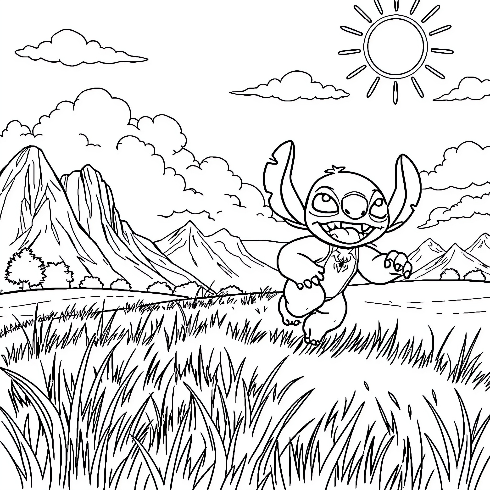 Spider-Man exploring a magical nature scene Coloring Page (free black-and-white line drawing printable PDF for all, from beginners to advanced learners, including children, teens, adults, and seniors)