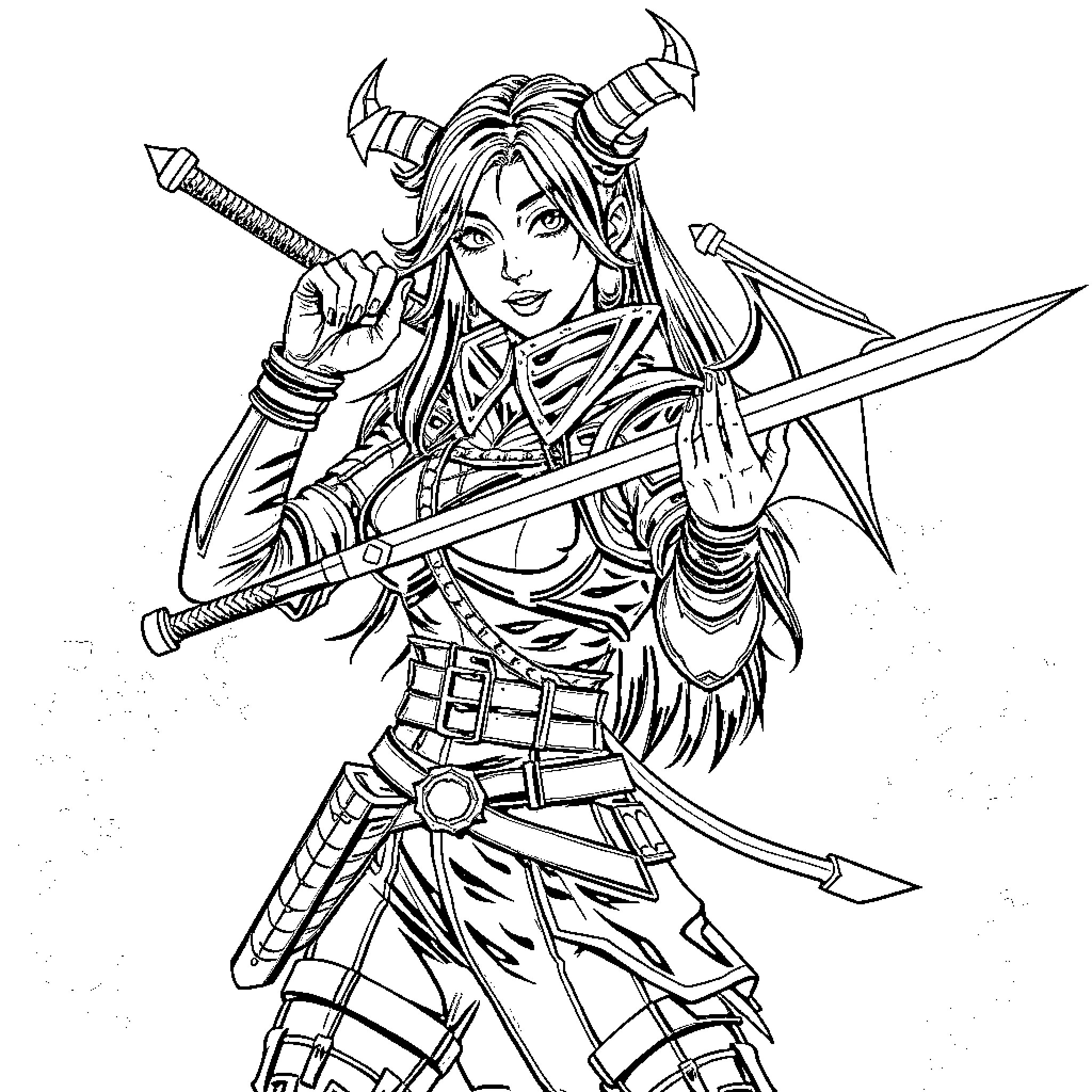 Rumi, the Valiant Warrior Wielding Twin Swords Coloring Page (free black-and-white line drawing printable PDF for all, from beginners to advanced learners, including children, teens, adults, and seniors)