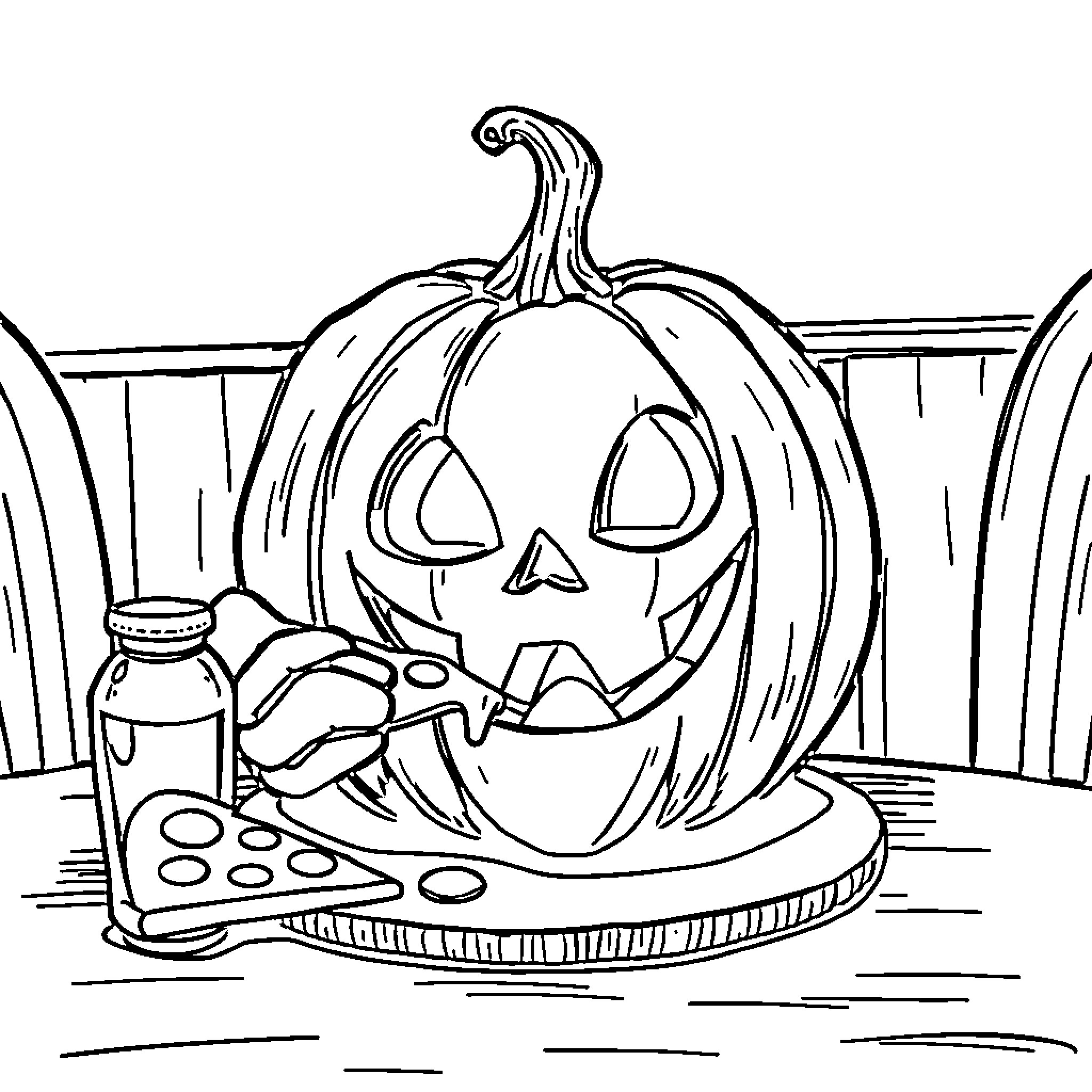 Jack-o'-lantern with mysterious contents Coloring Page (free black-and-white line drawing printable PDF for all, from beginners to advanced learners, including children, teens, adults, and seniors)