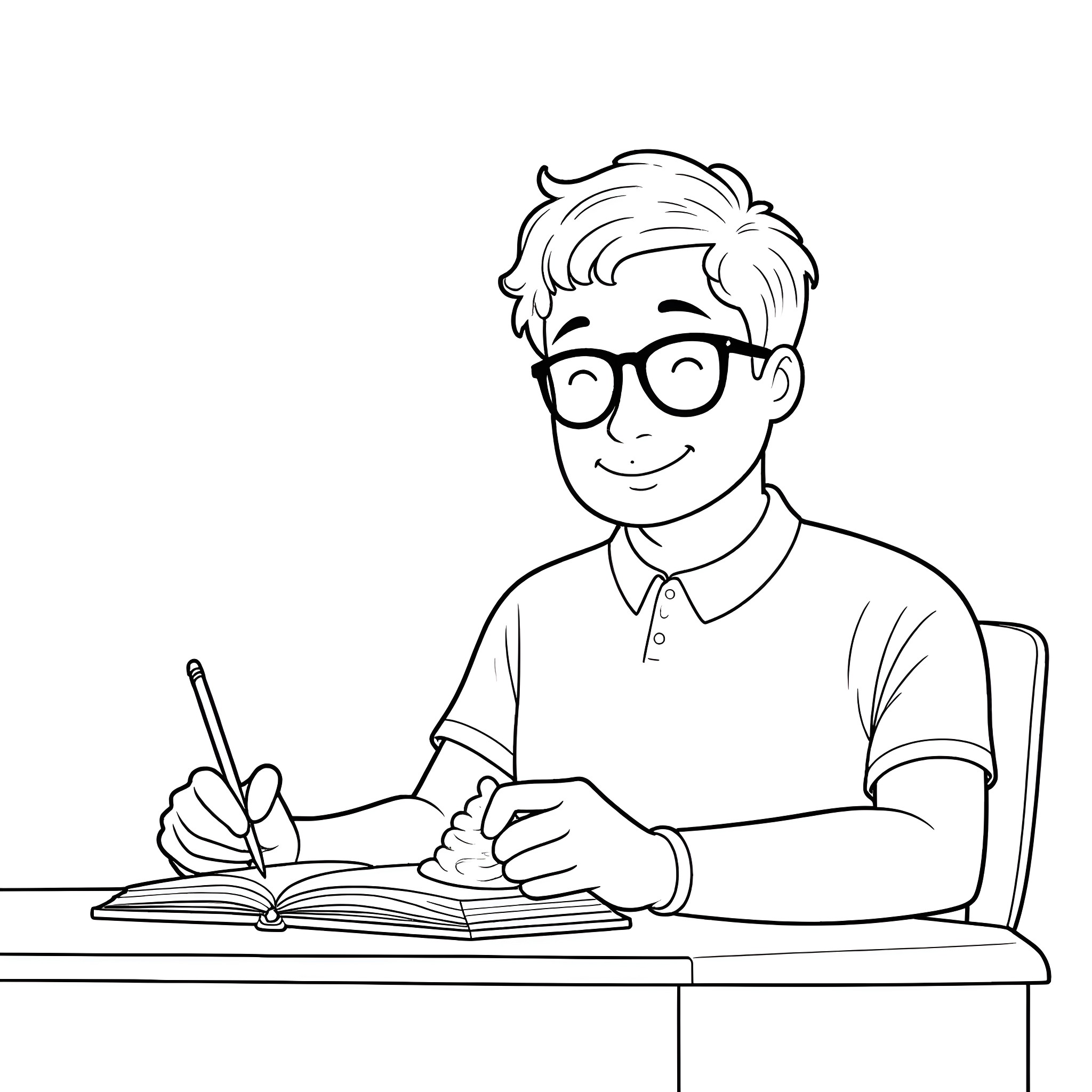 Alexander Siamatas working diligently on a task Coloring Page (free black-and-white line drawing printable PDF for all, from beginners to advanced learners, including children, teens, adults, and seniors)