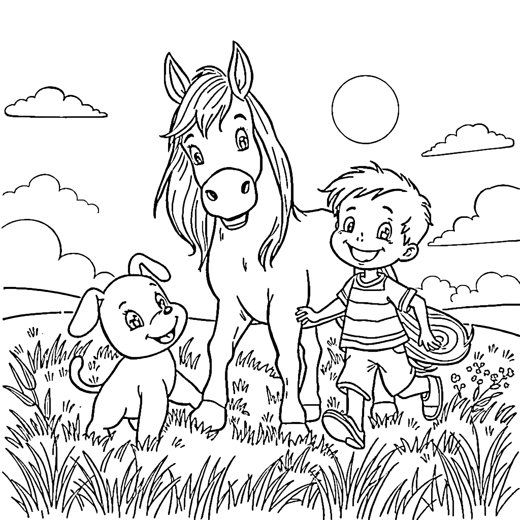 Puppy and child playing in a field with a horse Coloring Page (free black-and-white line drawing printable PDF for all, from beginners to advanced learners, including children, teens, adults, and seniors)
