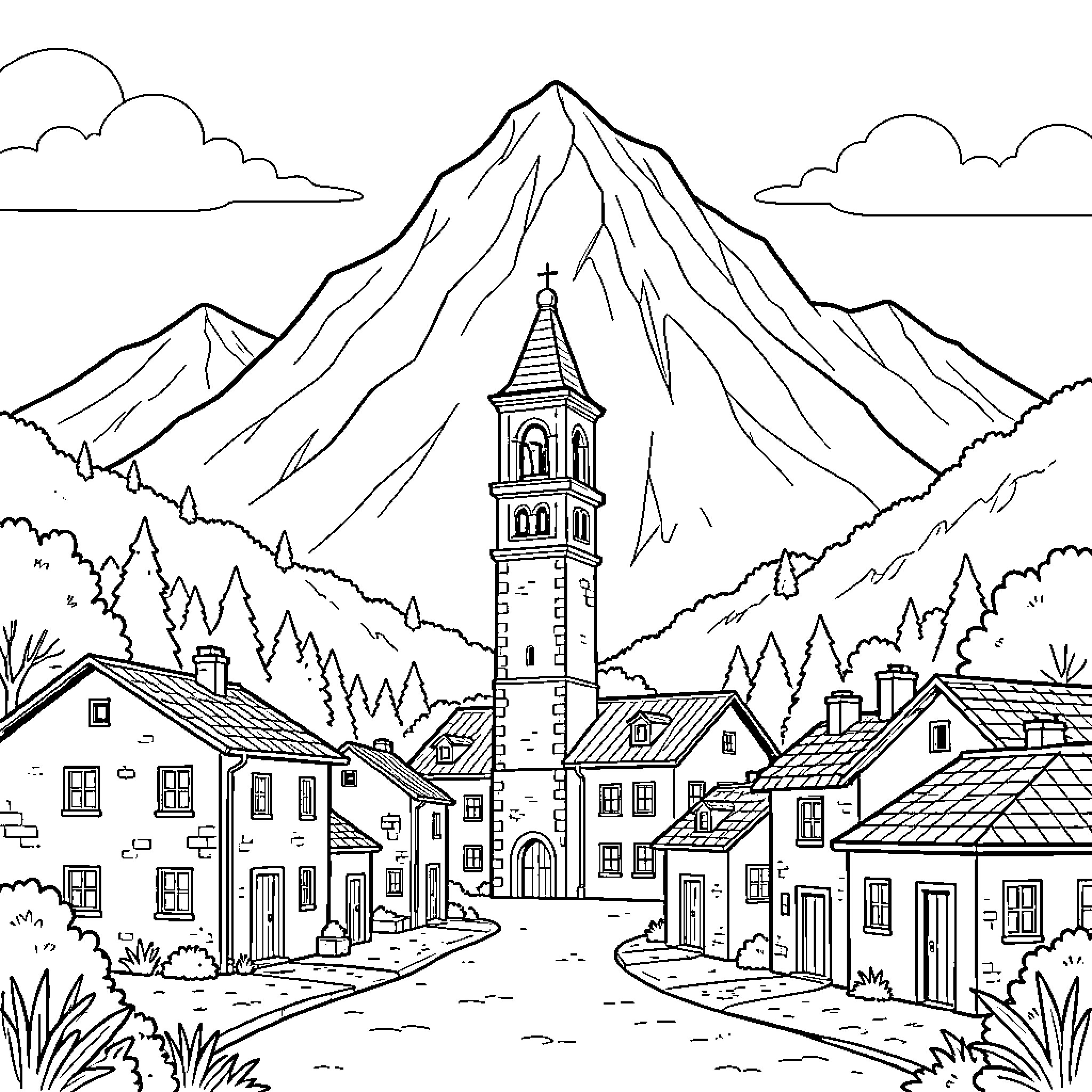 Village nestled peacefully beneath a towering mountain peak Coloring Page (free black-and-white line drawing printable PDF for all, from beginners to advanced learners, including children, teens, adults, and seniors)