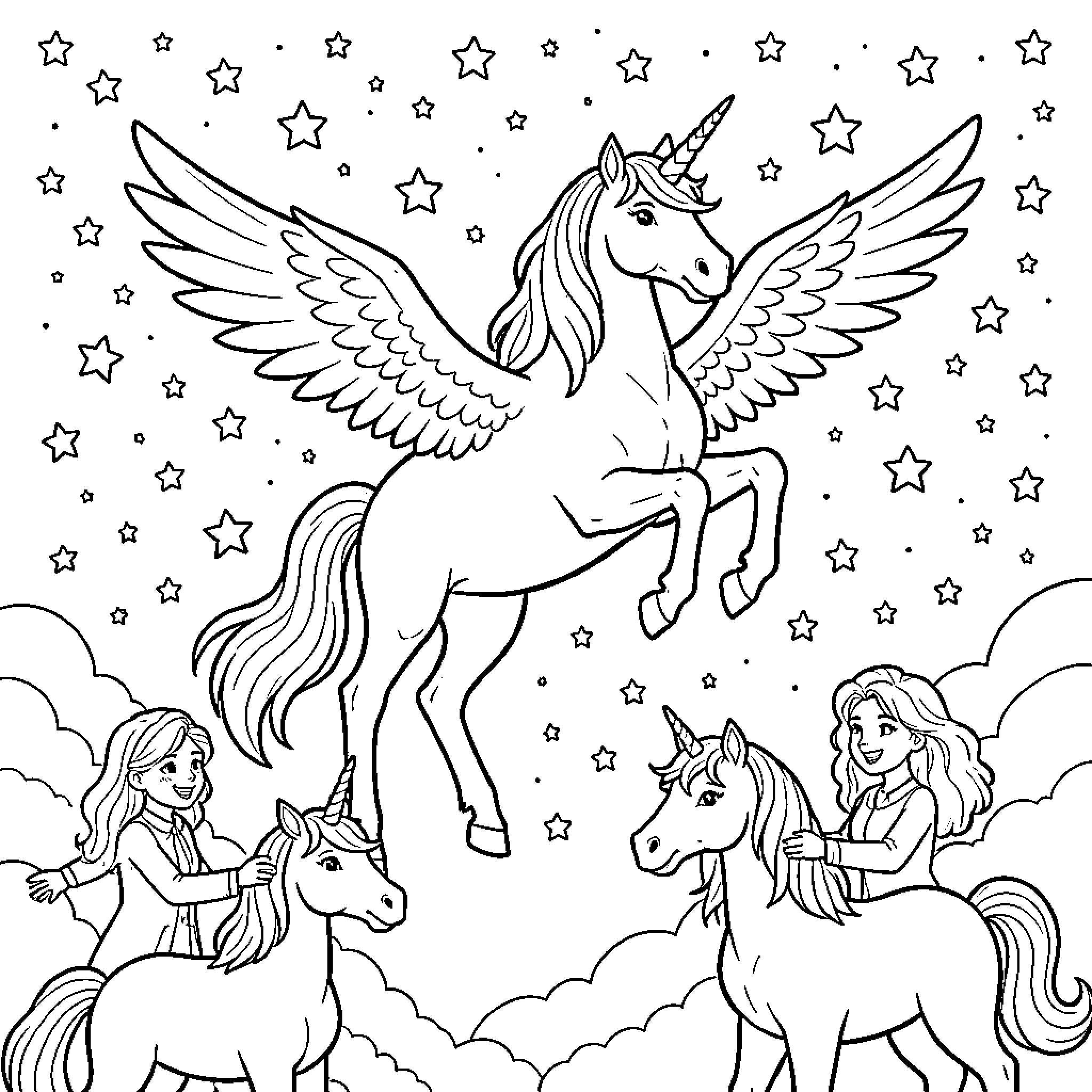 Licorne and two girls riding horses among stars and clouds Coloring Page (free black-and-white line drawing printable PDF for all, from beginners to advanced learners, including children, teens, adults, and seniors)