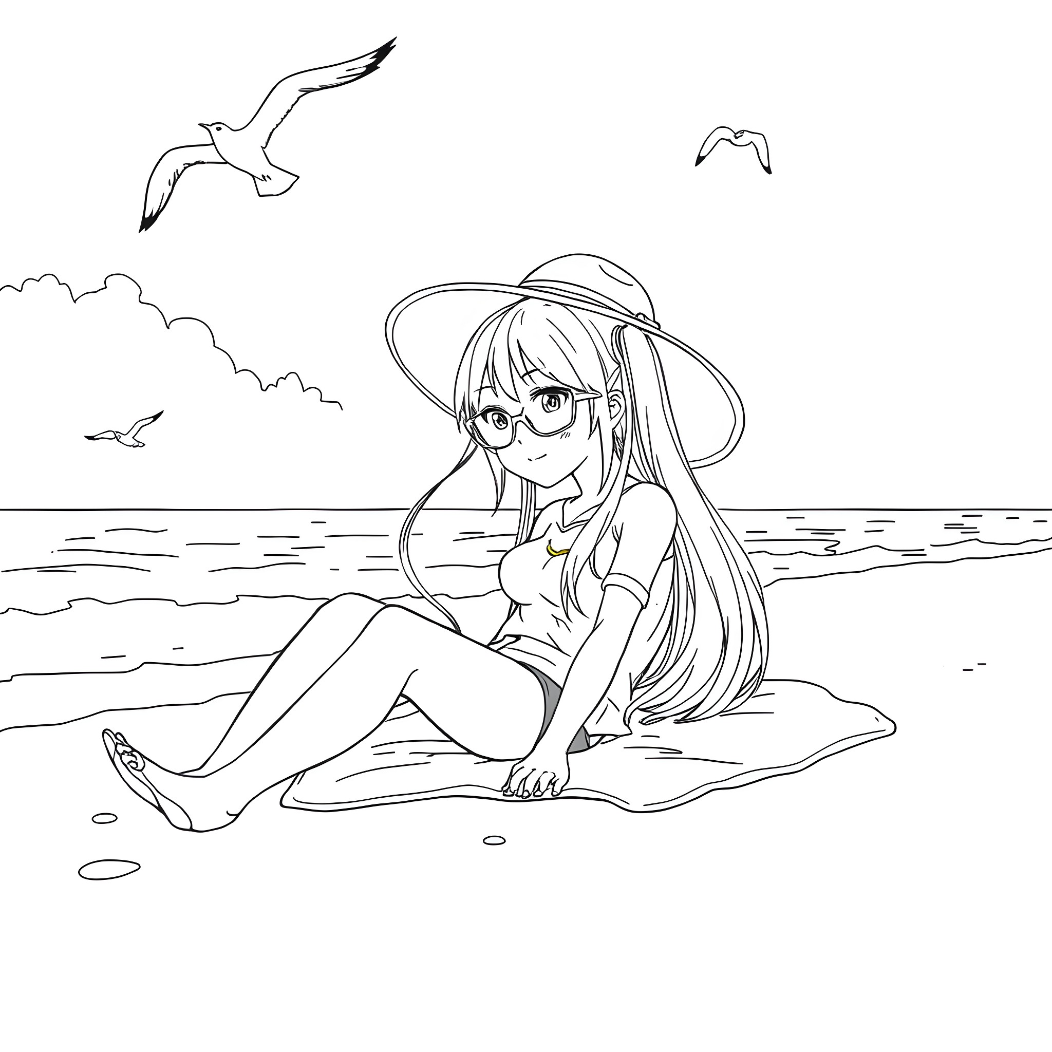 Miku relaxing peacefully on the beach Coloring Page (free black-and-white line drawing printable PDF for all, from beginners to advanced learners, including children, teens, adults, and seniors)
