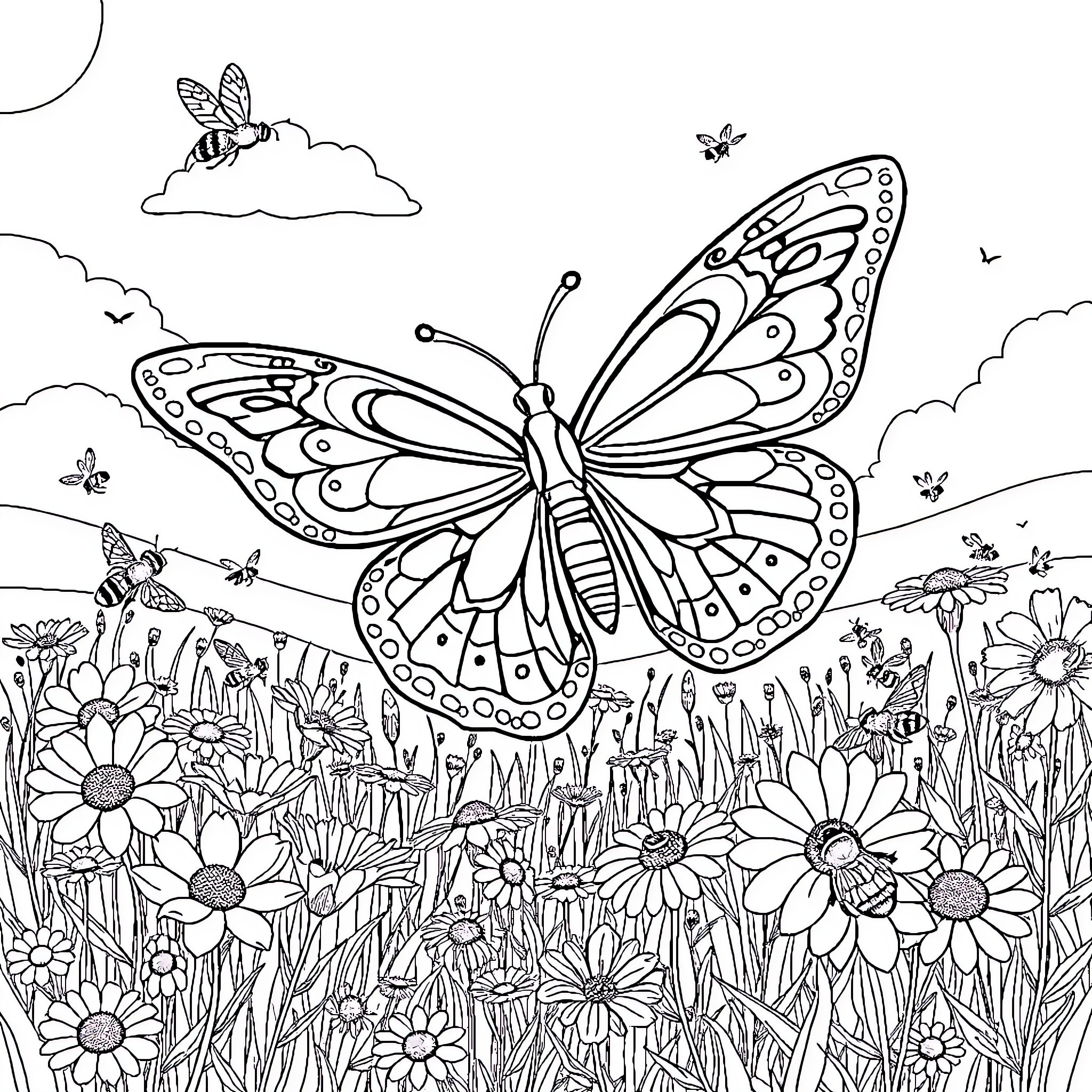 Butterfly soaring through a vibrant floral meadow Coloring Page (free black-and-white line drawing printable PDF for all, from beginners to advanced learners, including children, teens, adults, and seniors)