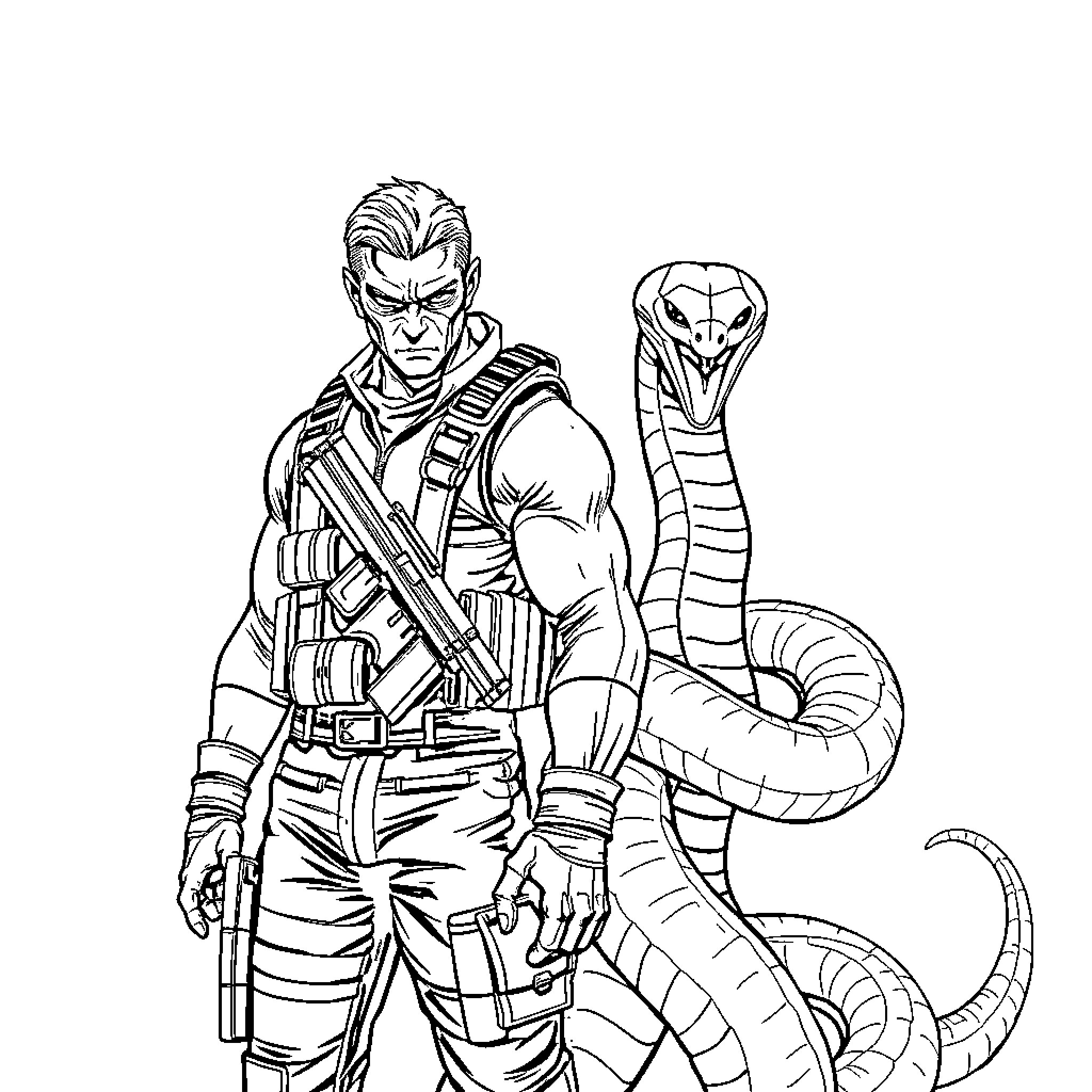 Snake Mercenary's Deadly Encounter Coloring Page (free black-and-white line drawing printable PDF for all, from beginners to advanced learners, including children, teens, adults, and seniors)