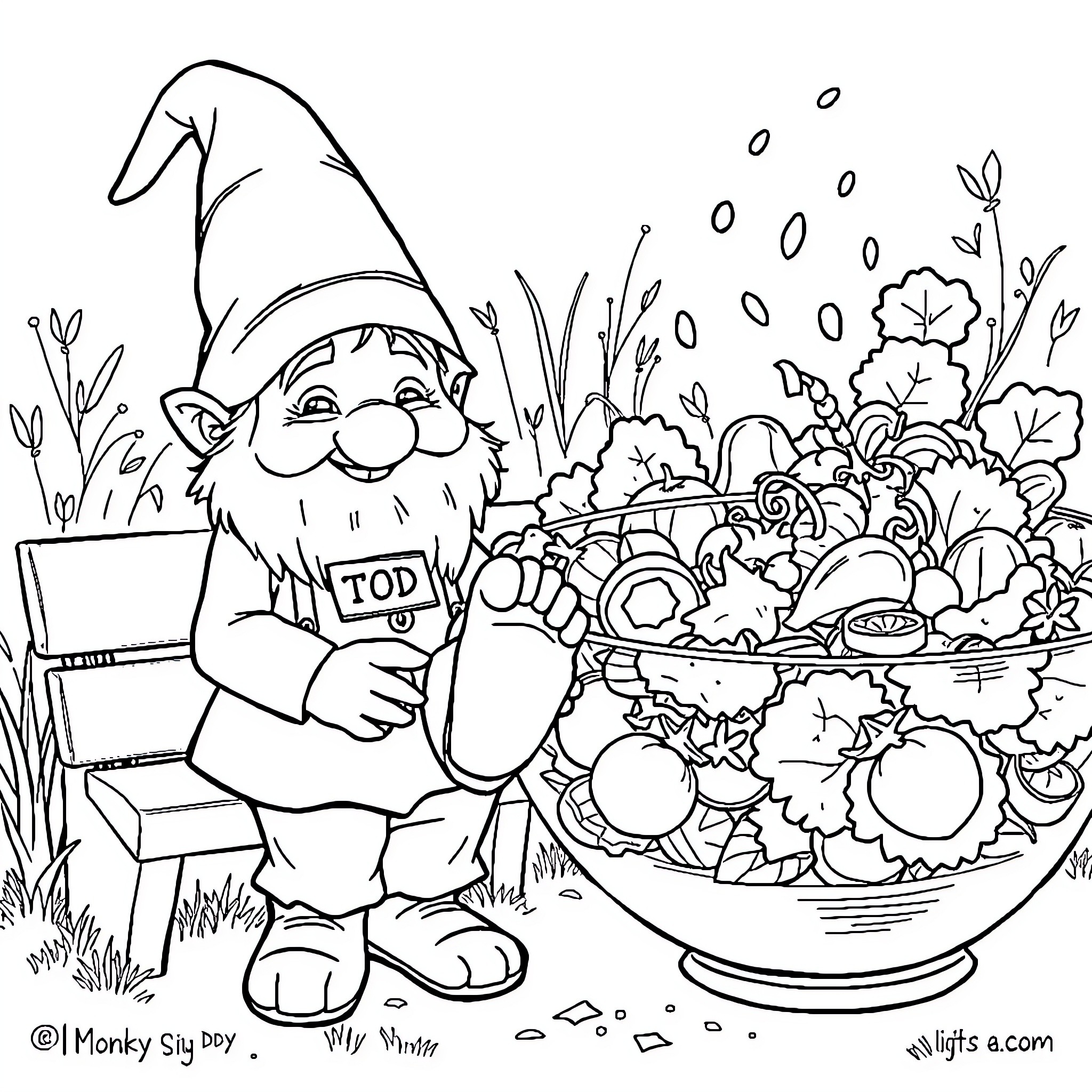Gnome tending to his garden with vegetables and plants Coloring Page (free black-and-white line drawing printable PDF for all, from beginners to advanced learners, including children, teens, adults, and seniors)
