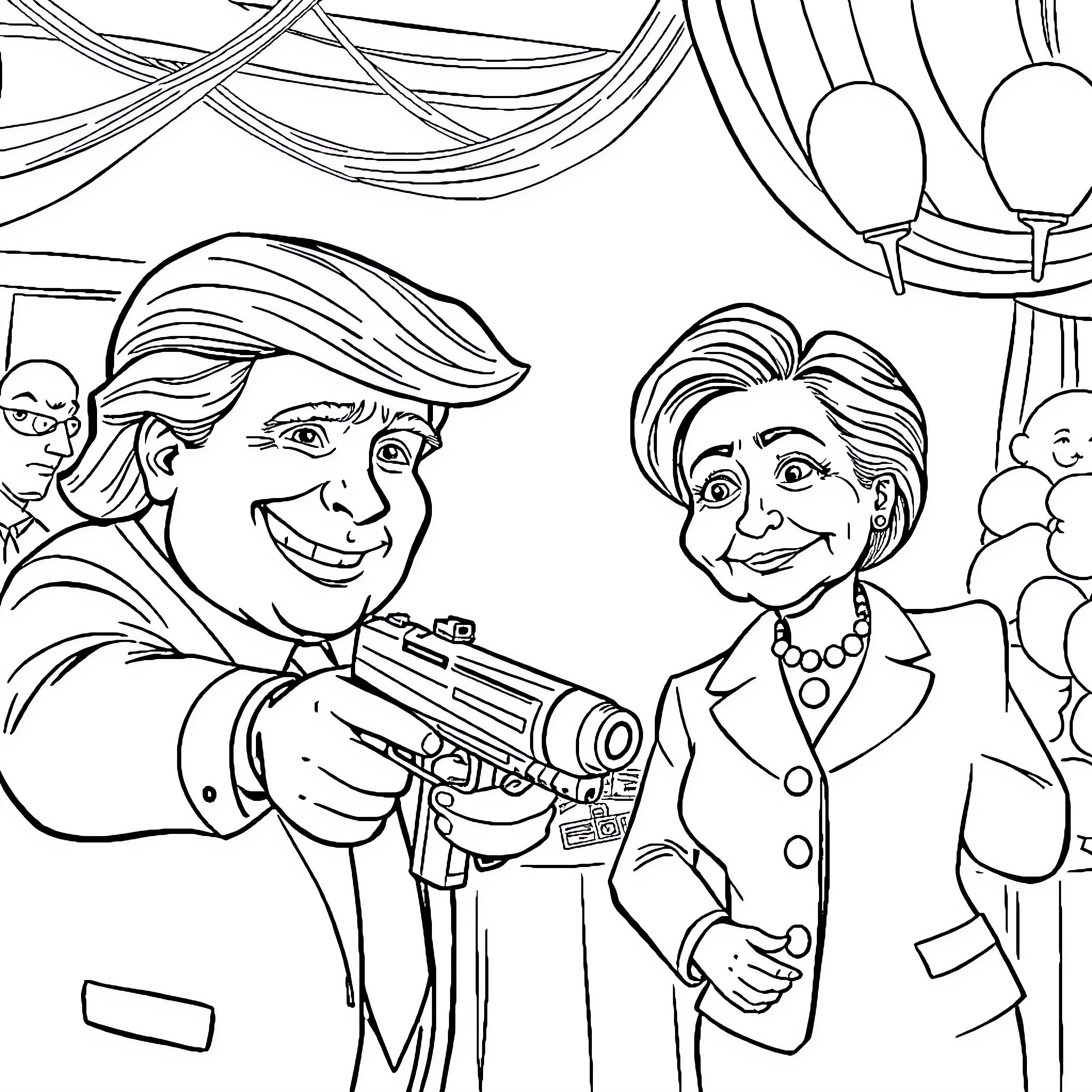 Donald Trump and Hillary Clinton on the campaign trail Coloring Page (free black-and-white line drawing printable PDF for all, from beginners to advanced learners, including children, teens, adults, and seniors)