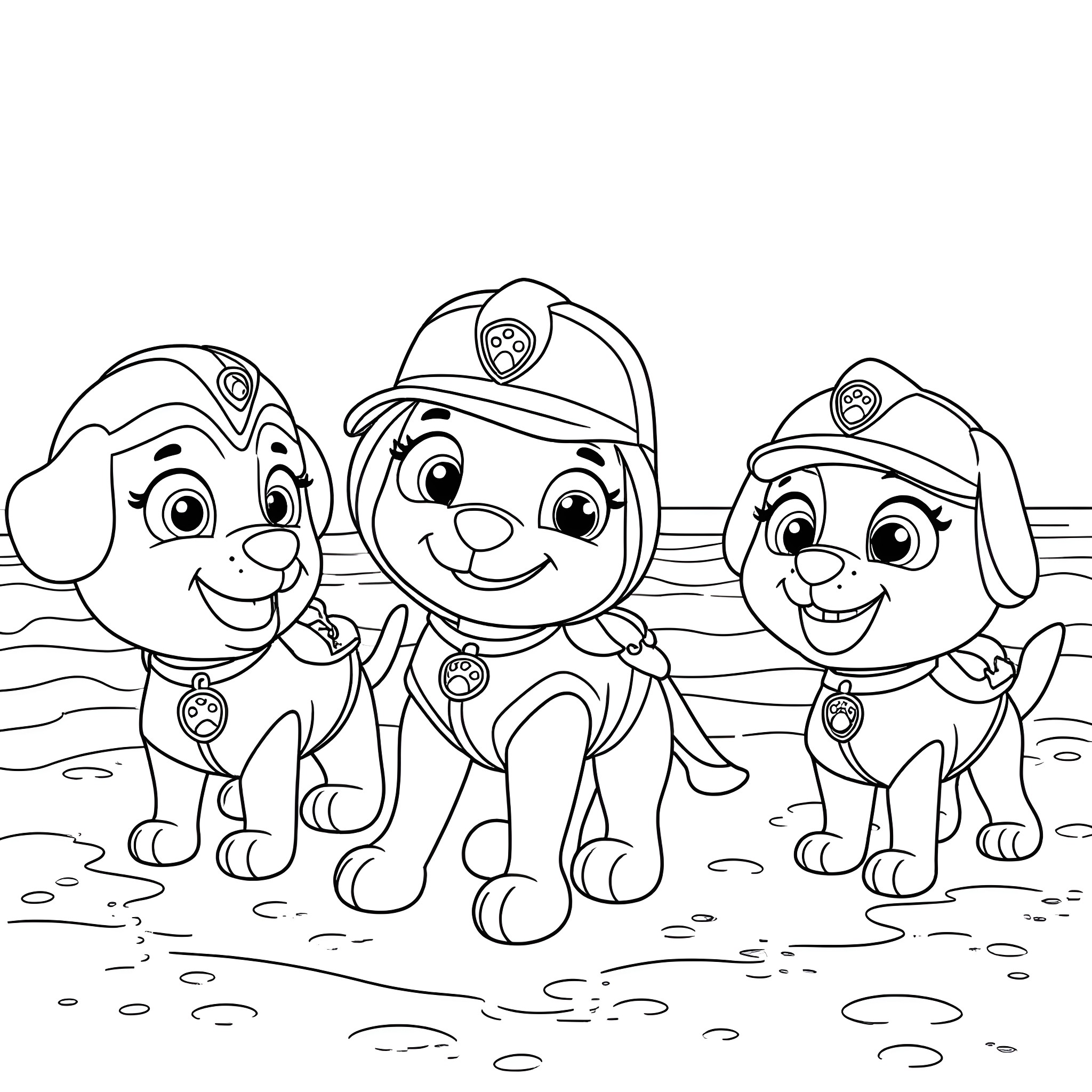 Paw Patrol team members in action poses Coloring Page (free black-and-white line drawing printable PDF for all, from beginners to advanced learners, including children, teens, adults, and seniors)