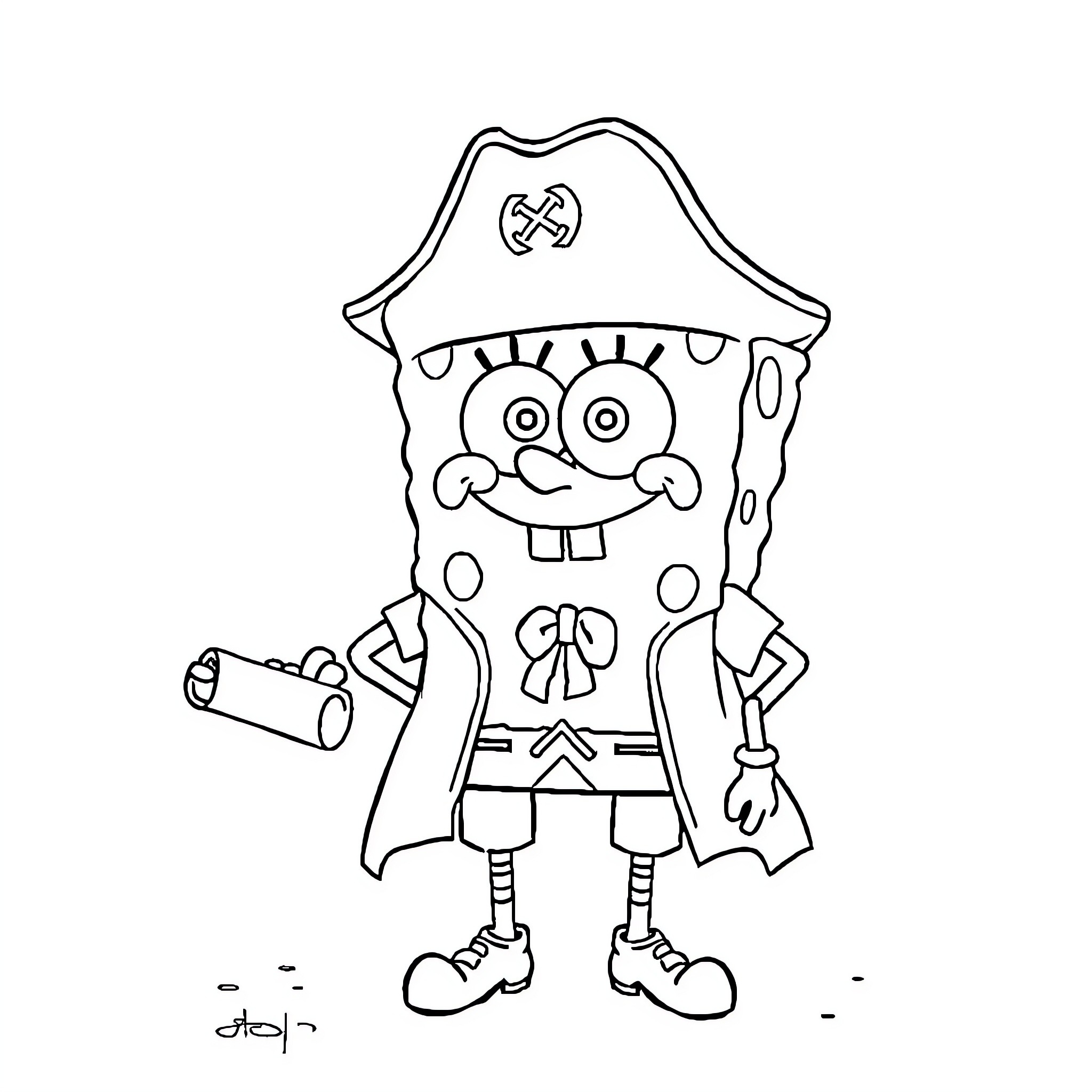 Spongebob the Pirate with Telescope and Outfit Coloring Page (free black-and-white line drawing printable PDF for all, from beginners to advanced learners, including children, teens, adults, and seniors)