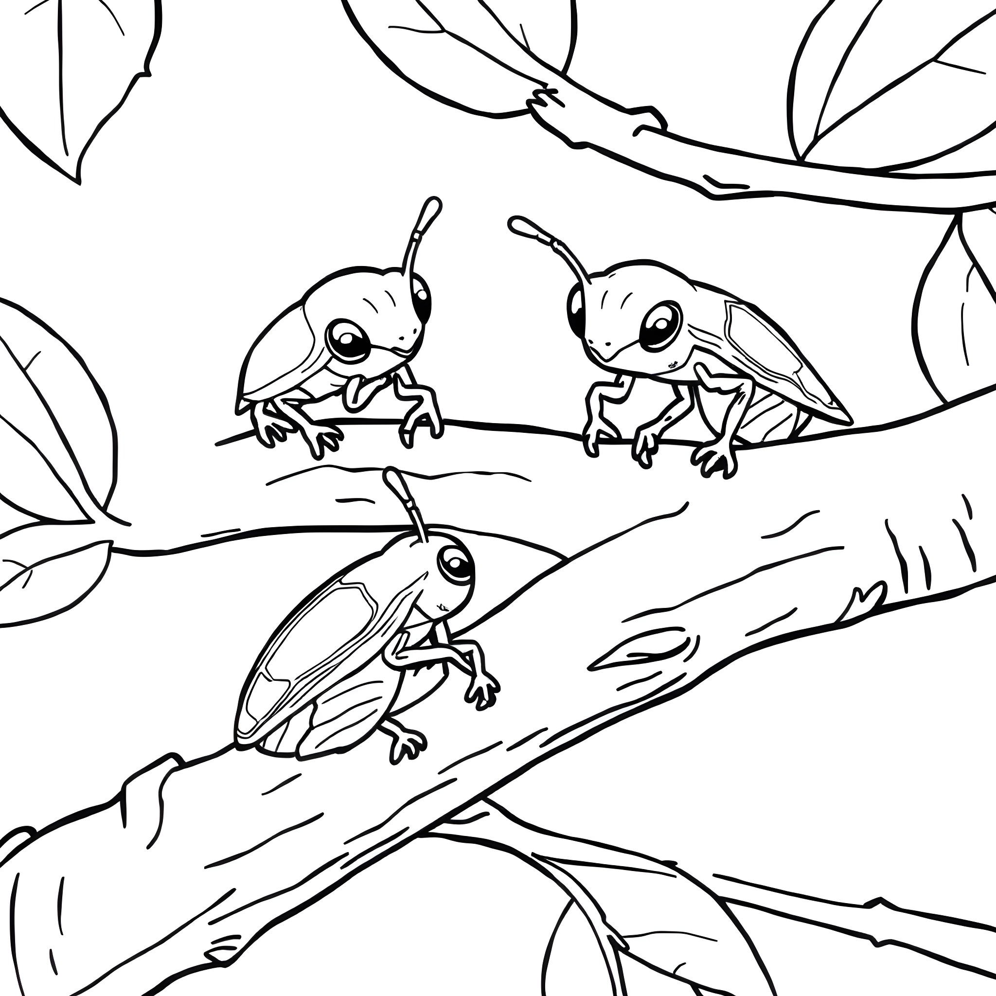 Cicada Creatures in the Wilderness Coloring Page (free black-and-white line drawing printable PDF for all, from beginners to advanced learners, including children, teens, adults, and seniors)