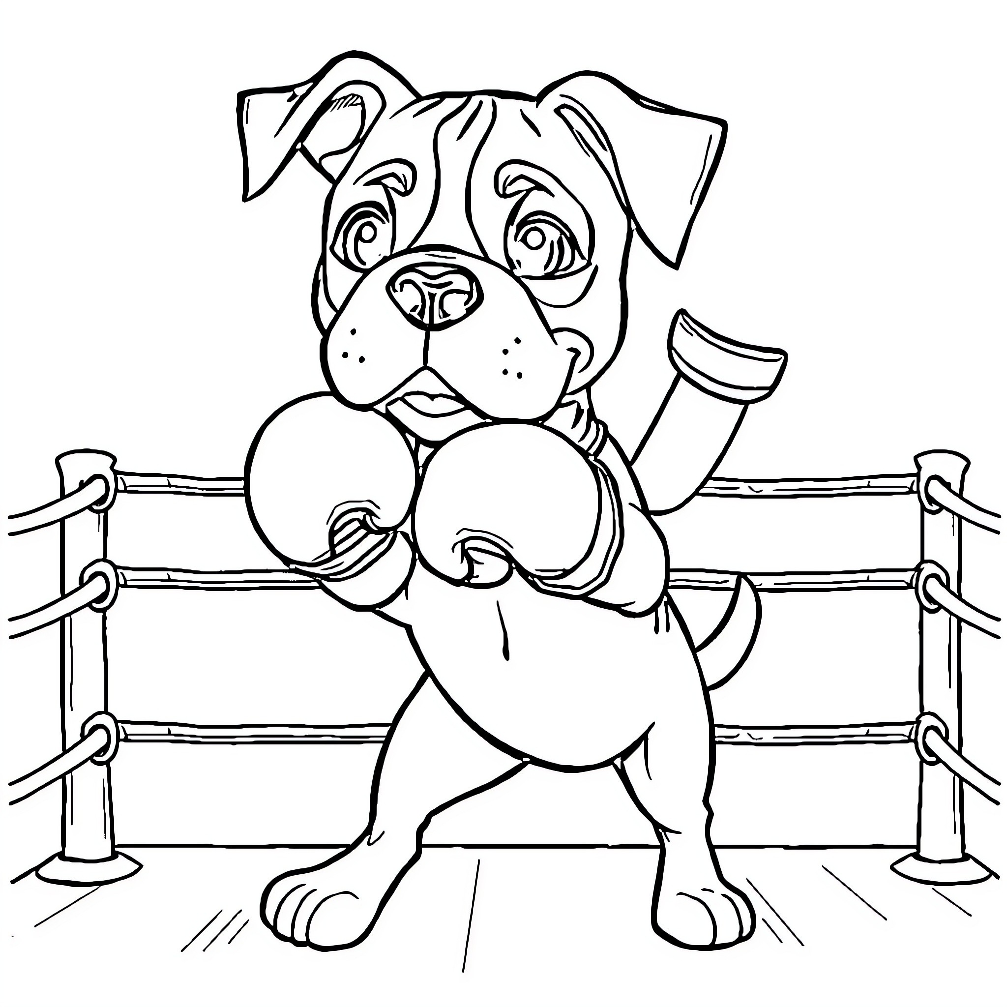 Boxer dog in the ring Coloring Page (free black-and-white line drawing printable PDF for all, from beginners to advanced learners, including children, teens, adults, and seniors)