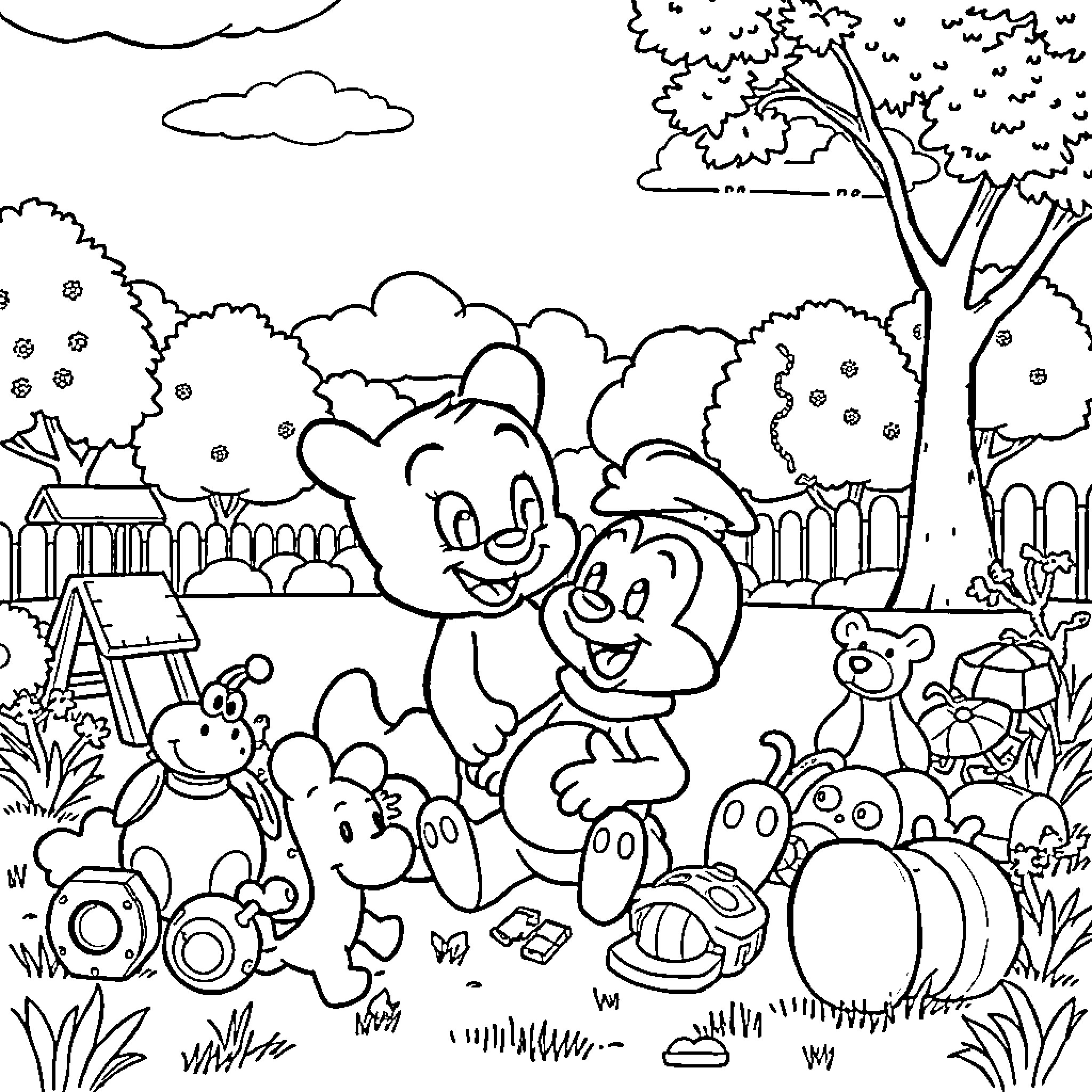 Bluey and friends playing in the backyard Coloring Page (free black-and-white line drawing printable PDF for all, from beginners to advanced learners, including children, teens, adults, and seniors)