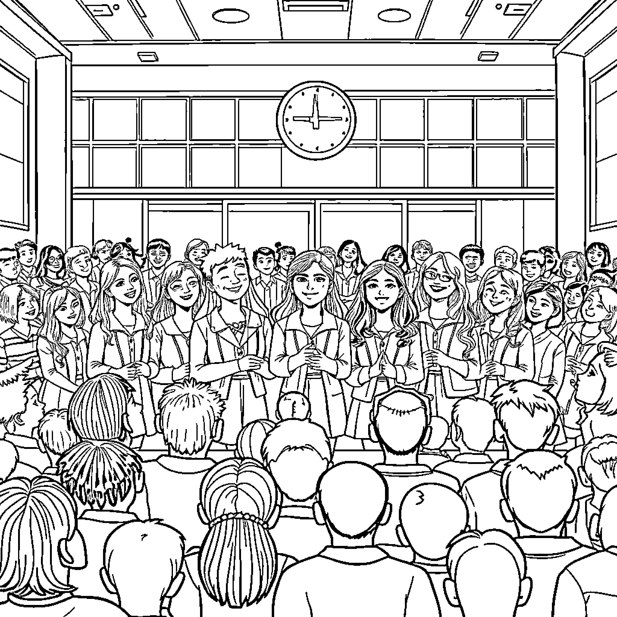 Students gathered in a classroom setting Coloring Page (free black-and-white line drawing printable PDF for all, from beginners to advanced learners, including children, teens, adults, and seniors)