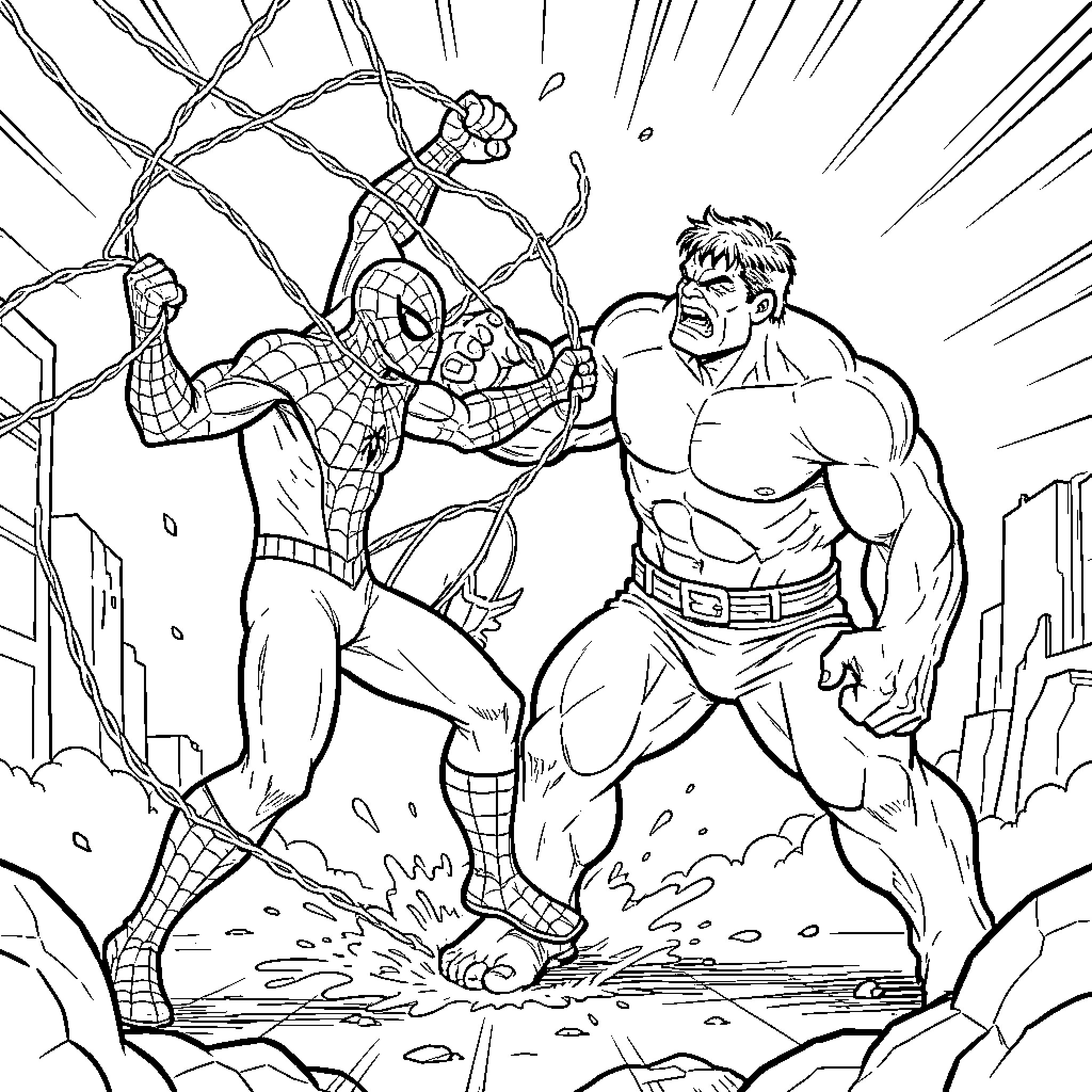 Spiderman battling a powerful muscular opponent in combat Coloring Page (free black-and-white line drawing printable PDF for all, from beginners to advanced learners, including children, teens, adults, and seniors)