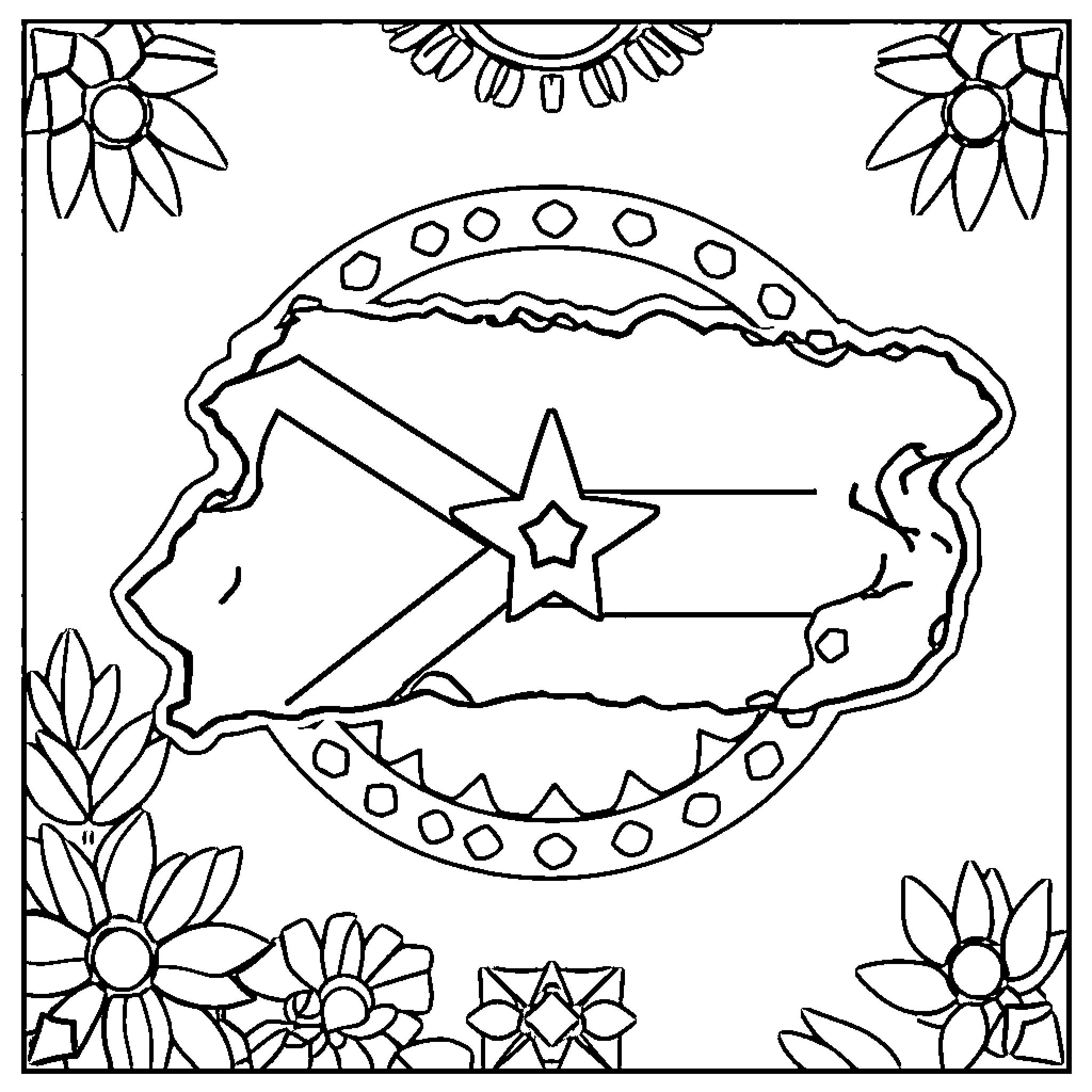 Puerto Rico flag surrounded by floral designs Coloring Page (free black-and-white line drawing printable PDF for all, from beginners to advanced learners, including children, teens, adults, and seniors)