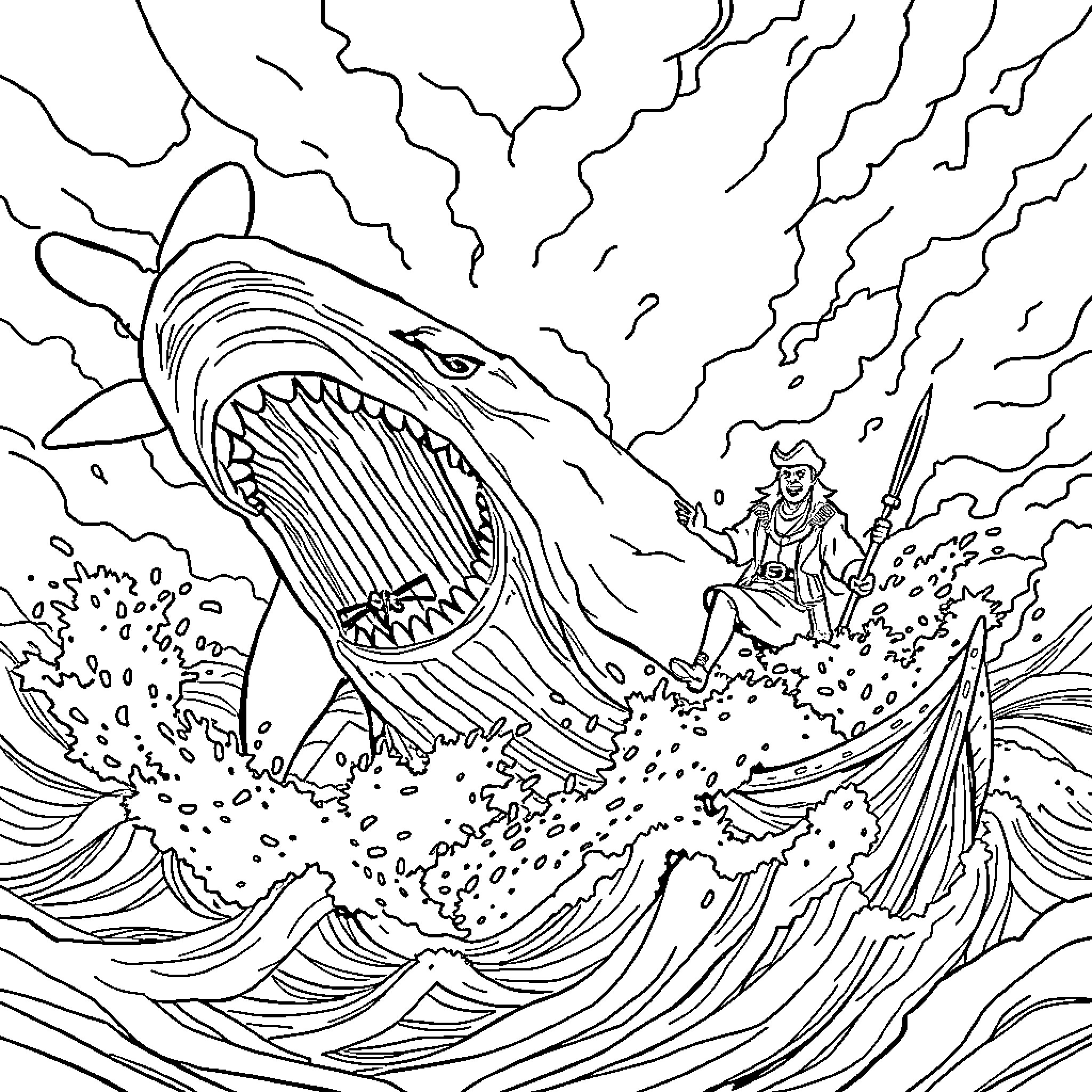 Moby Dick: Man battles ferocious whale in stormy seas Coloring Page (free black-and-white line drawing printable PDF for all, from beginners to advanced learners, including children, teens, adults, and seniors)
