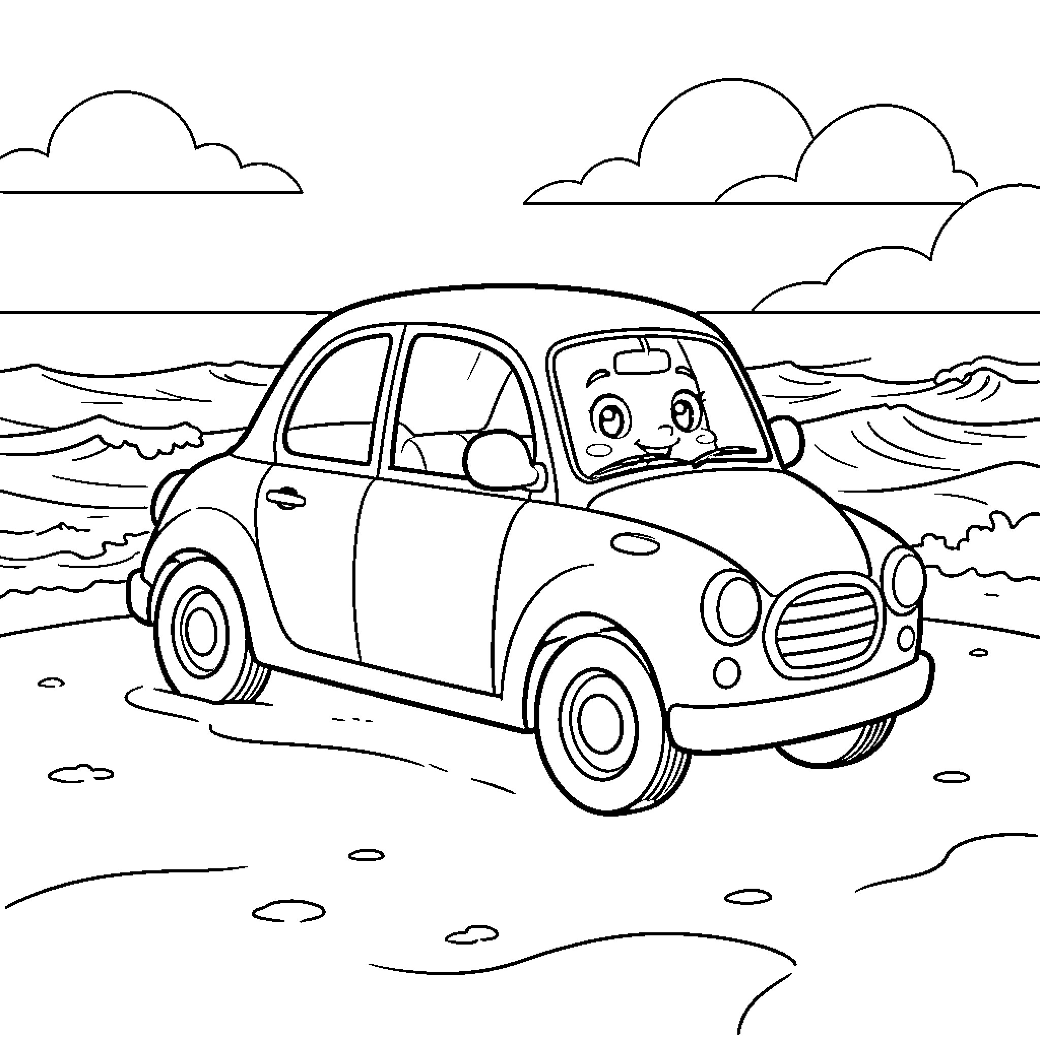 Car smiling happily while driving along the beach Coloring Page (free black-and-white line drawing printable PDF for all, from beginners to advanced learners, including children, teens, adults, and seniors)