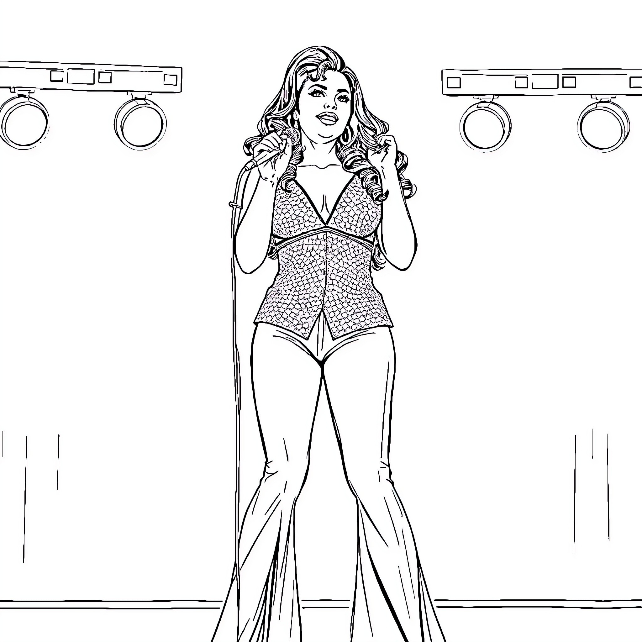 Selena Quintanilla performing on stage with confidence Coloring Page (free black-and-white line drawing printable PDF for all, from beginners to advanced learners, including children, teens, adults, and seniors)