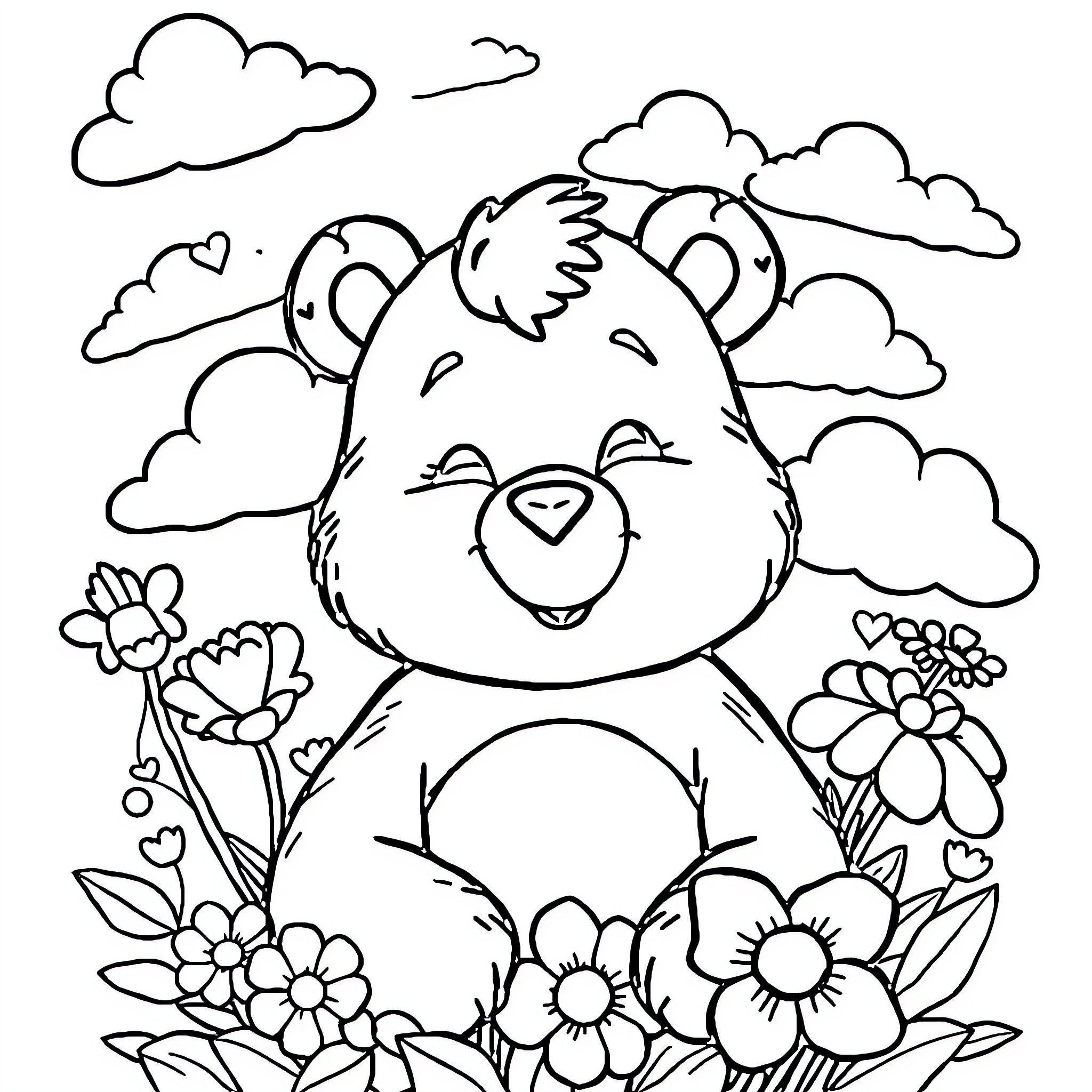 Care Bear enjoying nature with flowers and clouds Coloring Page (free black-and-white line drawing printable PDF for all, from beginners to advanced learners, including children, teens, adults, and seniors)
