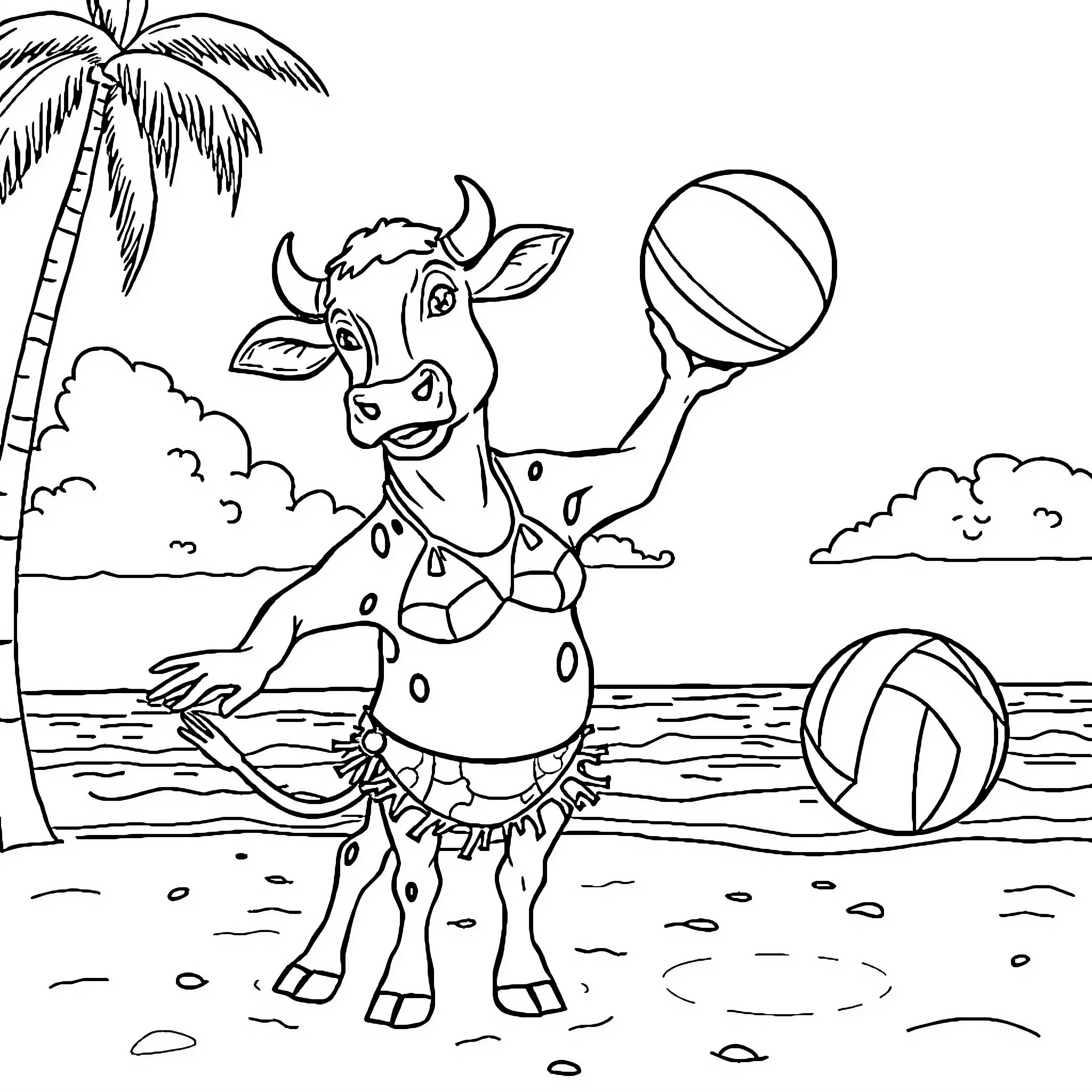 Cow playing with beach ball on tropical beach Coloring Page (free black-and-white line drawing printable PDF for all, from beginners to advanced learners, including children, teens, adults, and seniors)