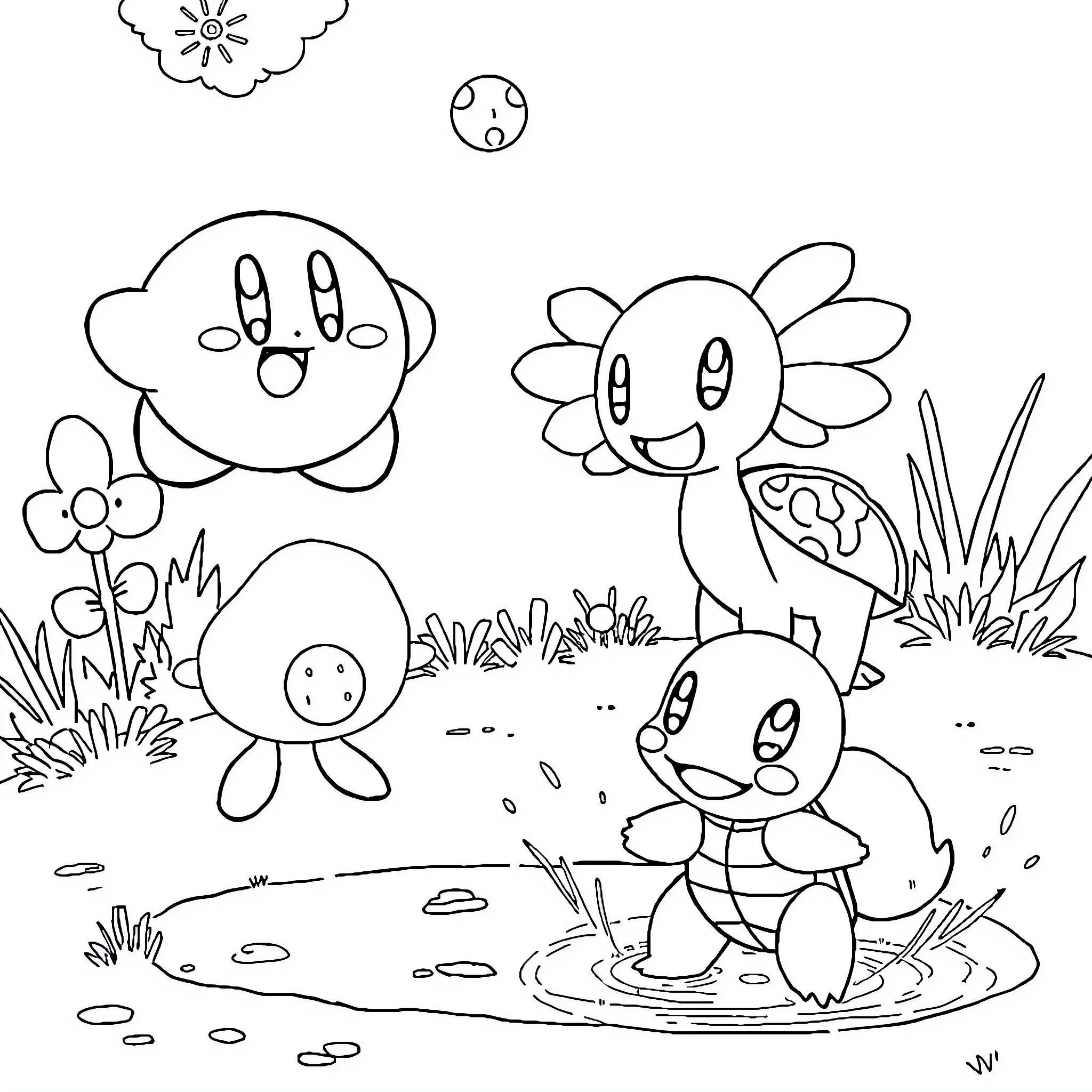 Kirby and friends enjoying a spring day Coloring Page (free black-and-white line drawing printable PDF for all, from beginners to advanced learners, including children, teens, adults, and seniors)