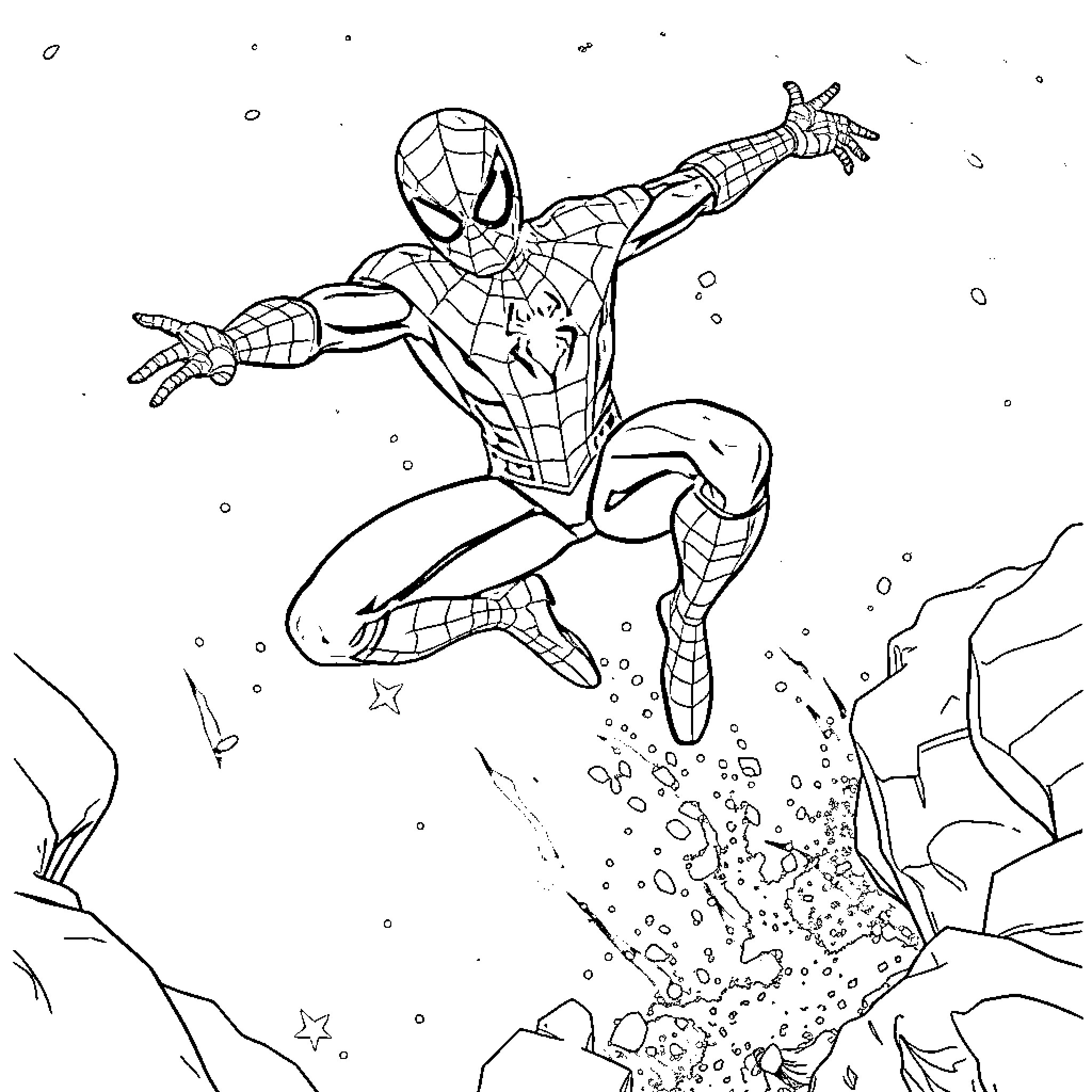 Spiderman leaping into action with determination Coloring Page (free black-and-white line drawing printable PDF for all, from beginners to advanced learners, including children, teens, adults, and seniors)