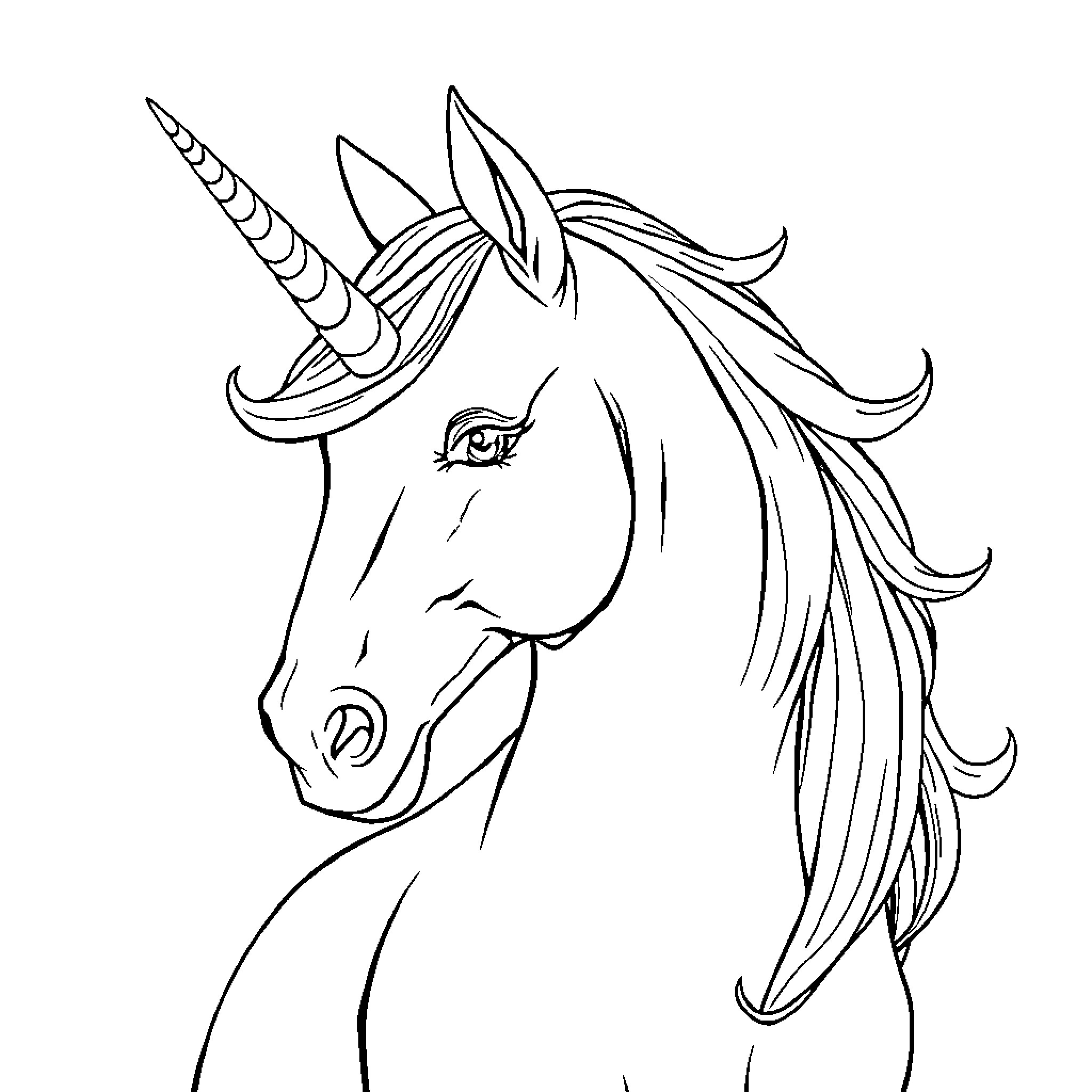 Unicorn with flowing mane and horn Coloring Page (free black-and-white line drawing printable PDF for all, from beginners to advanced learners, including children, teens, adults, and seniors)
