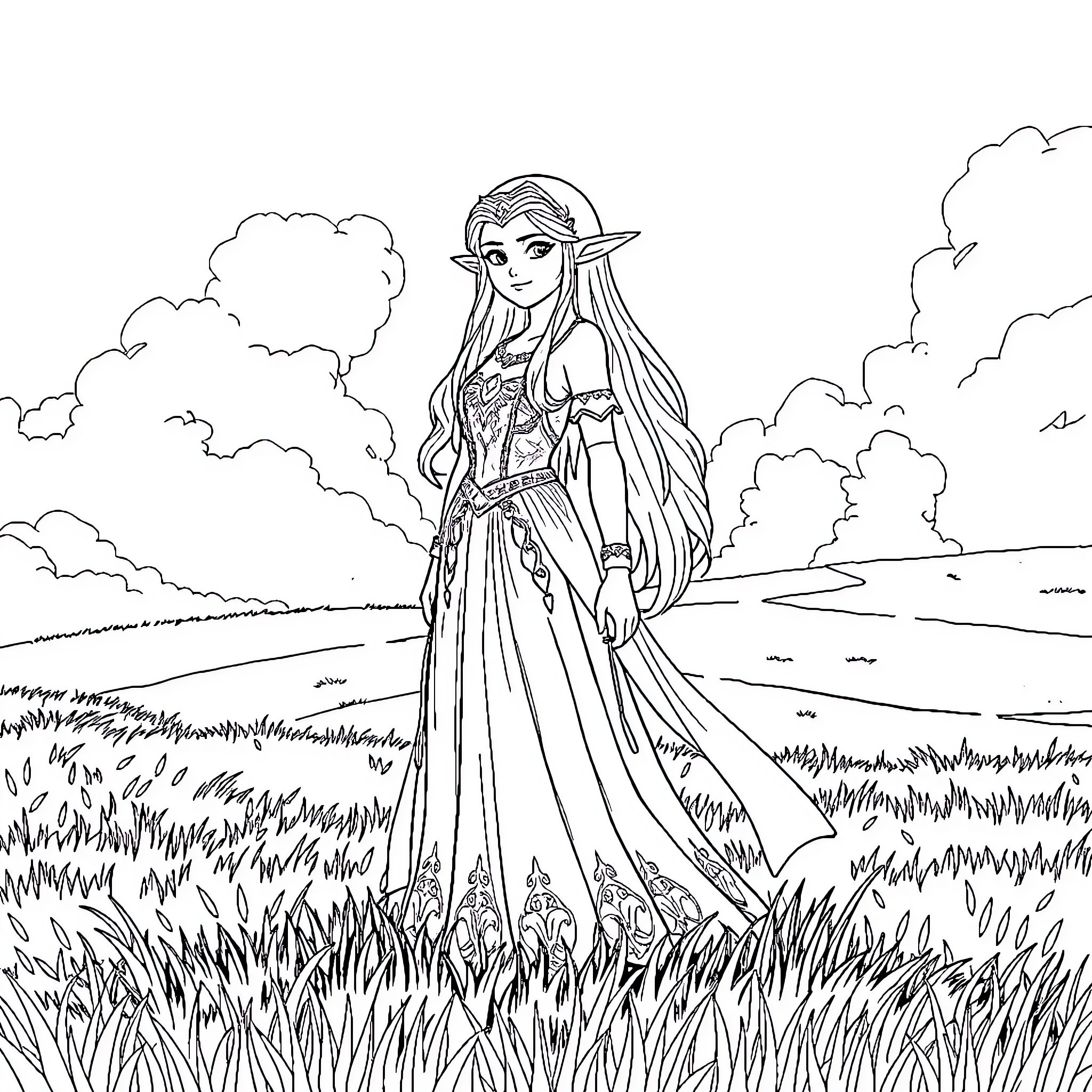Zelda exploring the serene meadow landscape Coloring Page (free black-and-white line drawing printable PDF for all, from beginners to advanced learners, including children, teens, adults, and seniors)
