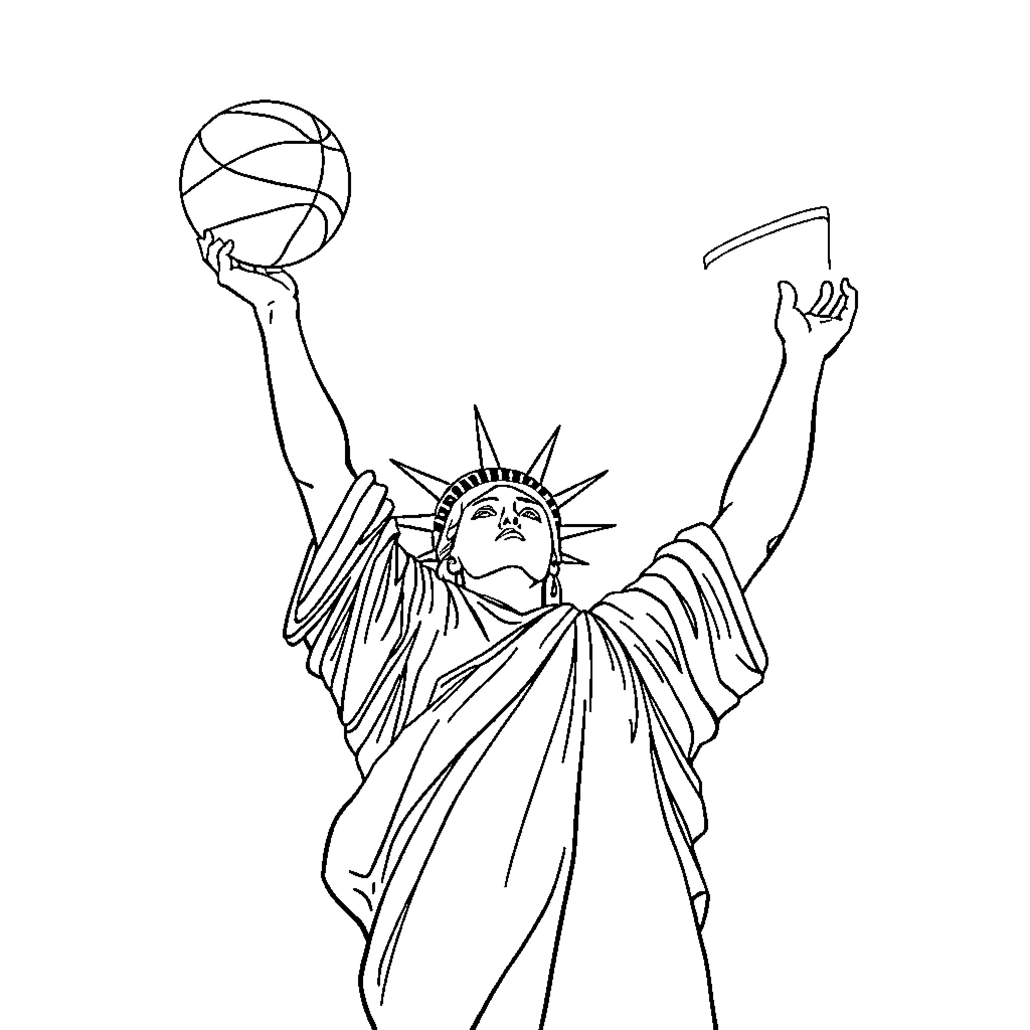 Statue Of Liberty holding basketball and cheering Coloring Page (free black-and-white line drawing printable PDF for all, from beginners to advanced learners, including children, teens, adults, and seniors)