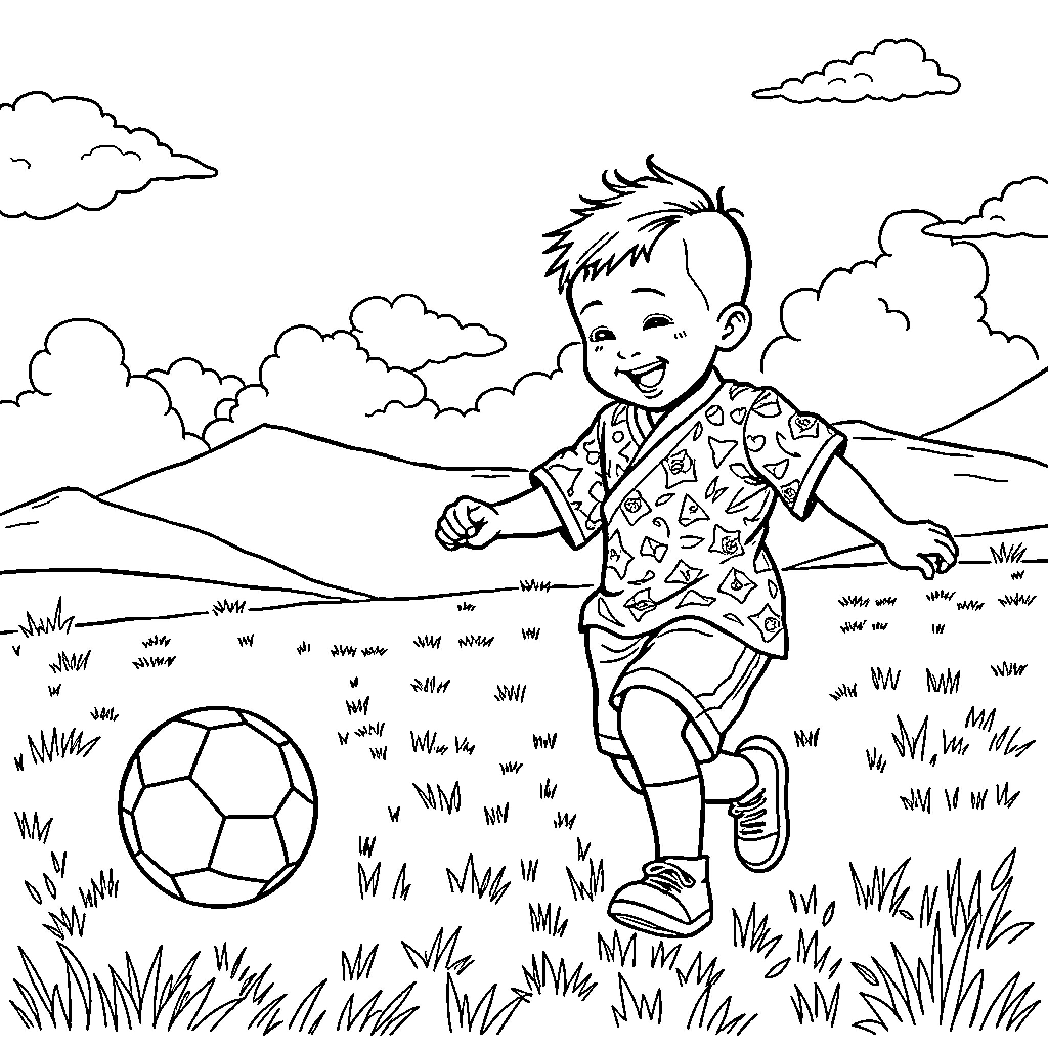 Kid playing happily with a soccer ball in the meadow Coloring Page (free black-and-white line drawing printable PDF for all, from beginners to advanced learners, including children, teens, adults, and seniors)