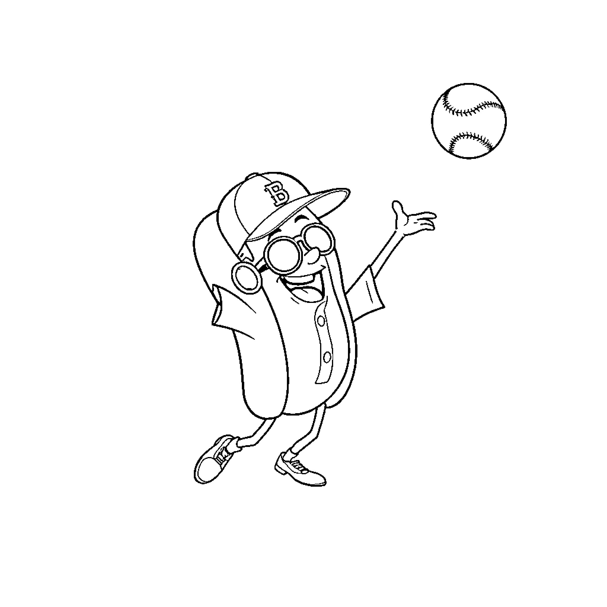 Hotdog playing baseball excitedly Coloring Page (free black-and-white line drawing printable PDF for all, from beginners to advanced learners, including children, teens, adults, and seniors)