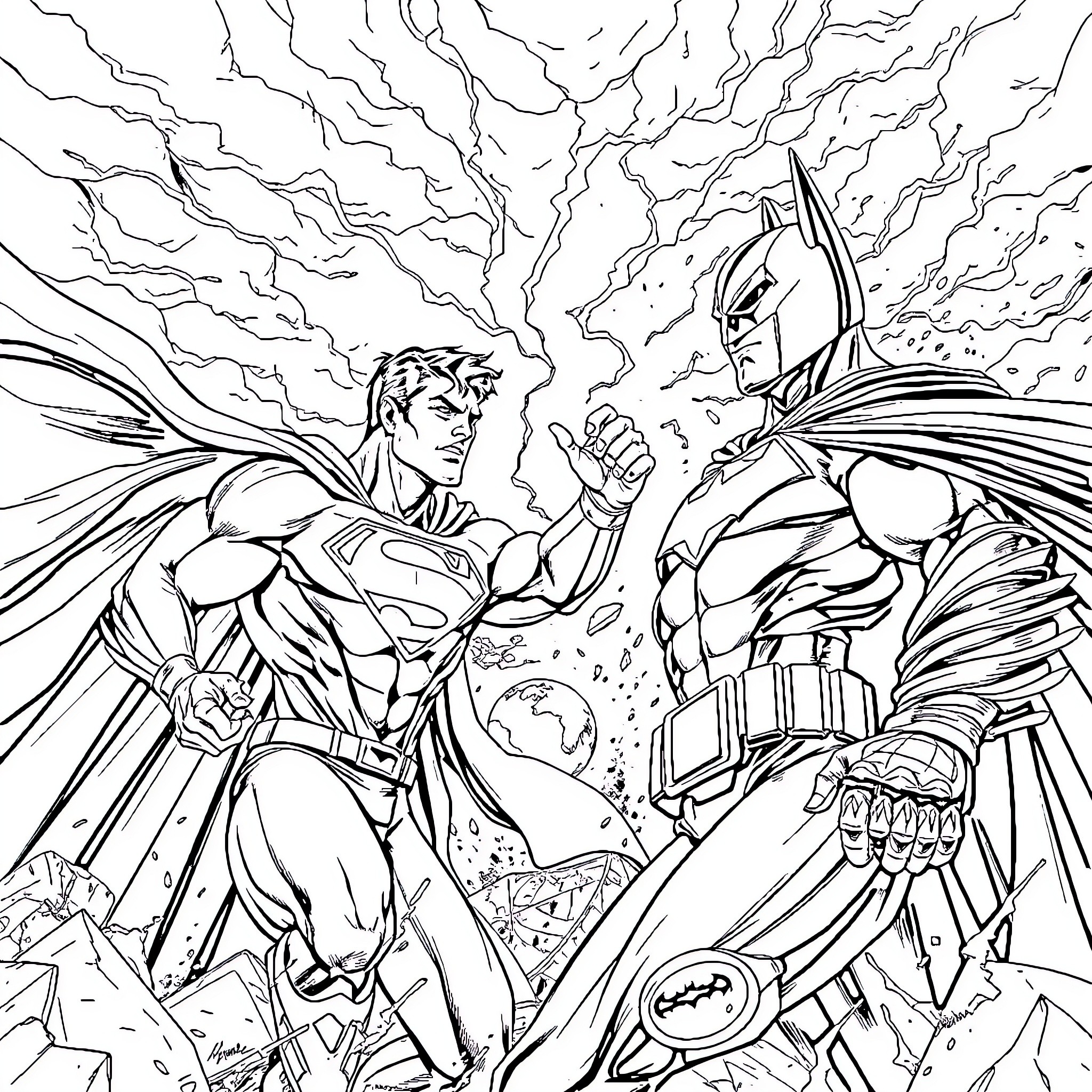 Superman and Batman's Epic Showdown Coloring Page (free black-and-white line drawing printable PDF for all, from beginners to advanced learners, including children, teens, adults, and seniors)
