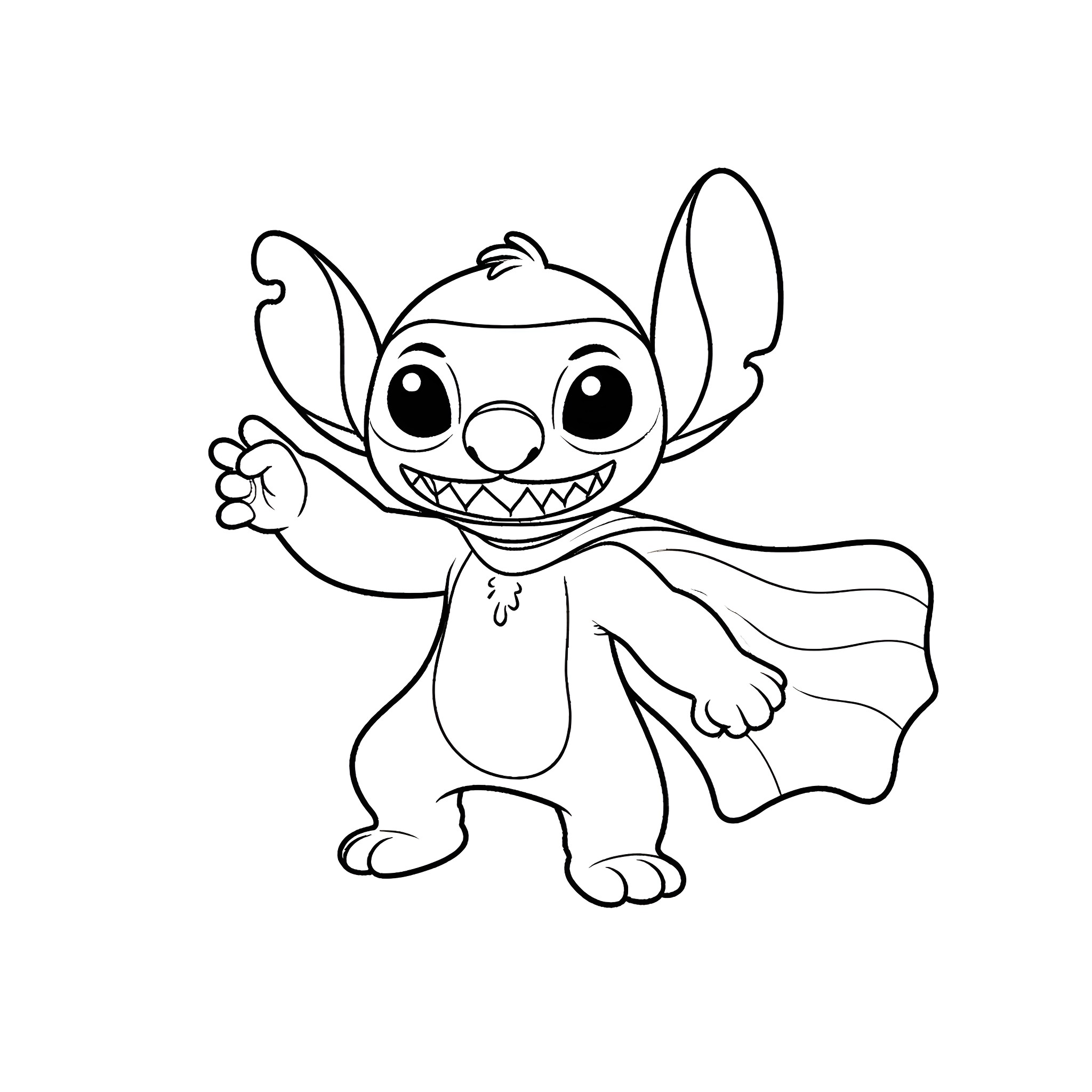 Superhero Stitch Striking a Heroic Pose Coloring Page (free black-and-white line drawing printable PDF for all, from beginners to advanced learners, including children, teens, adults, and seniors)
