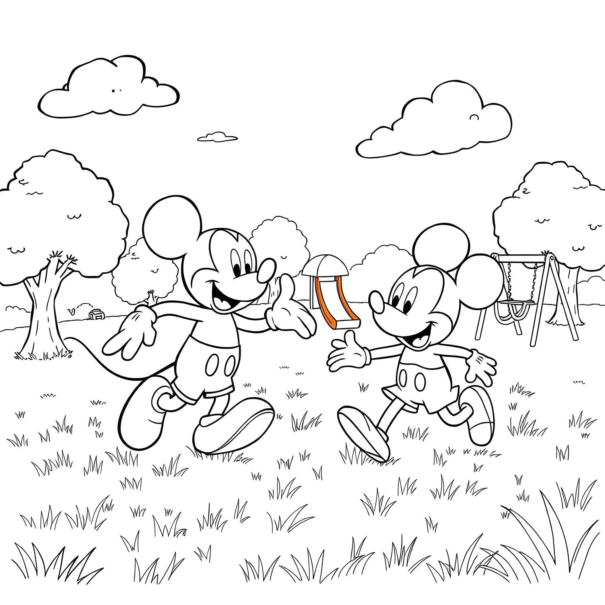 Bluey and Mickey Mouse playing together in the park Coloring Page (free black-and-white line drawing printable PDF for all, from beginners to advanced learners, including children, teens, adults, and seniors)
