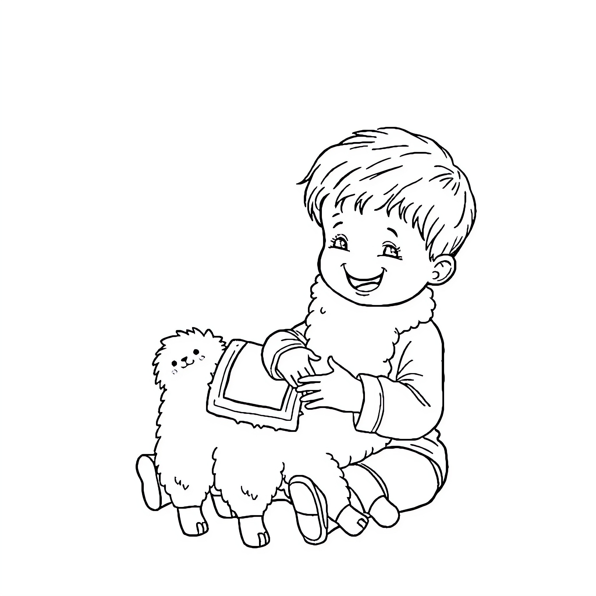 Toddler playing joyfully with fluffy pet Coloring Page (free black-and-white line drawing printable PDF for all, from beginners to advanced learners, including children, teens, adults, and seniors)
