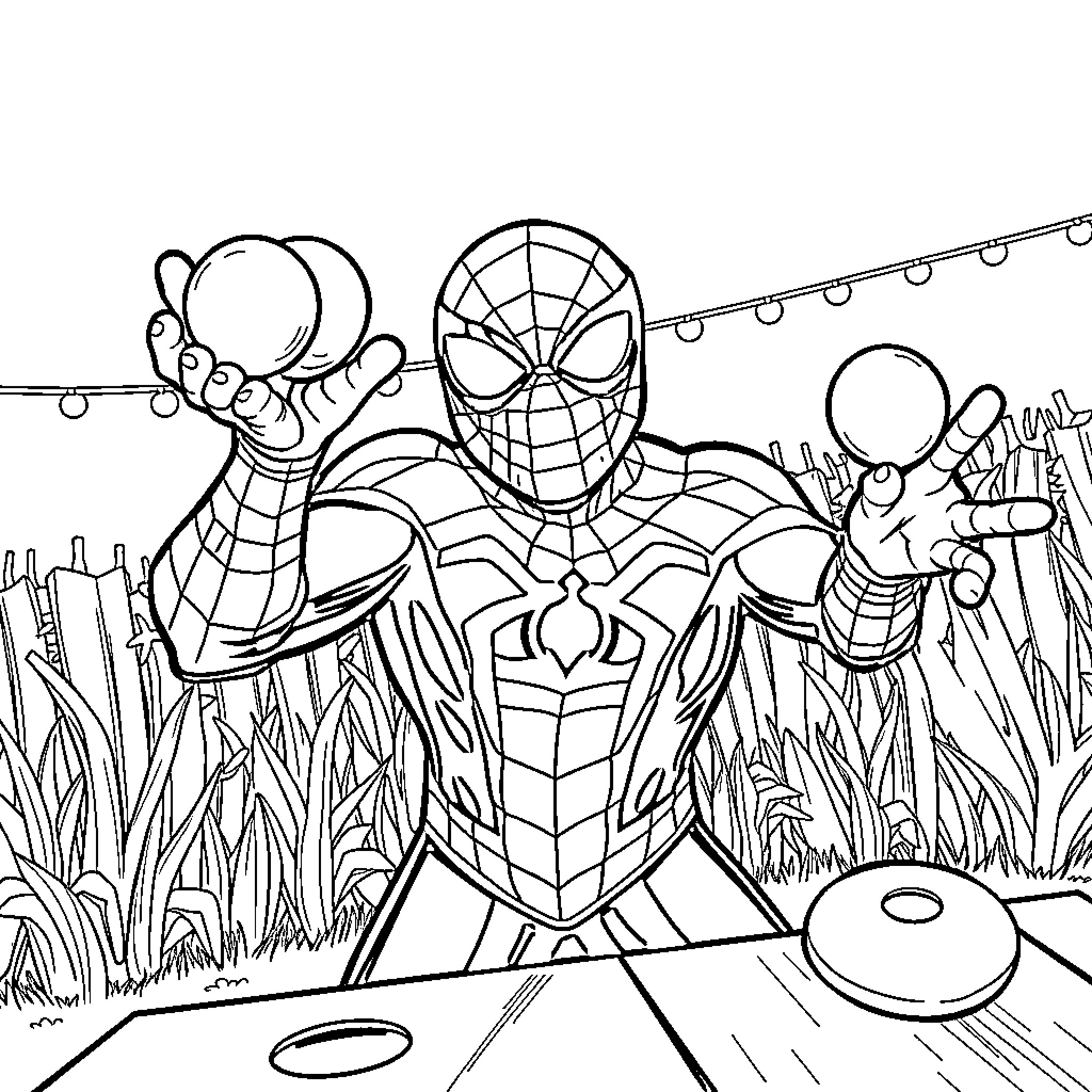 Spiderman swinging through the city with webbed surprises Coloring Page (free black-and-white line drawing printable PDF for all, from beginners to advanced learners, including children, teens, adults, and seniors)