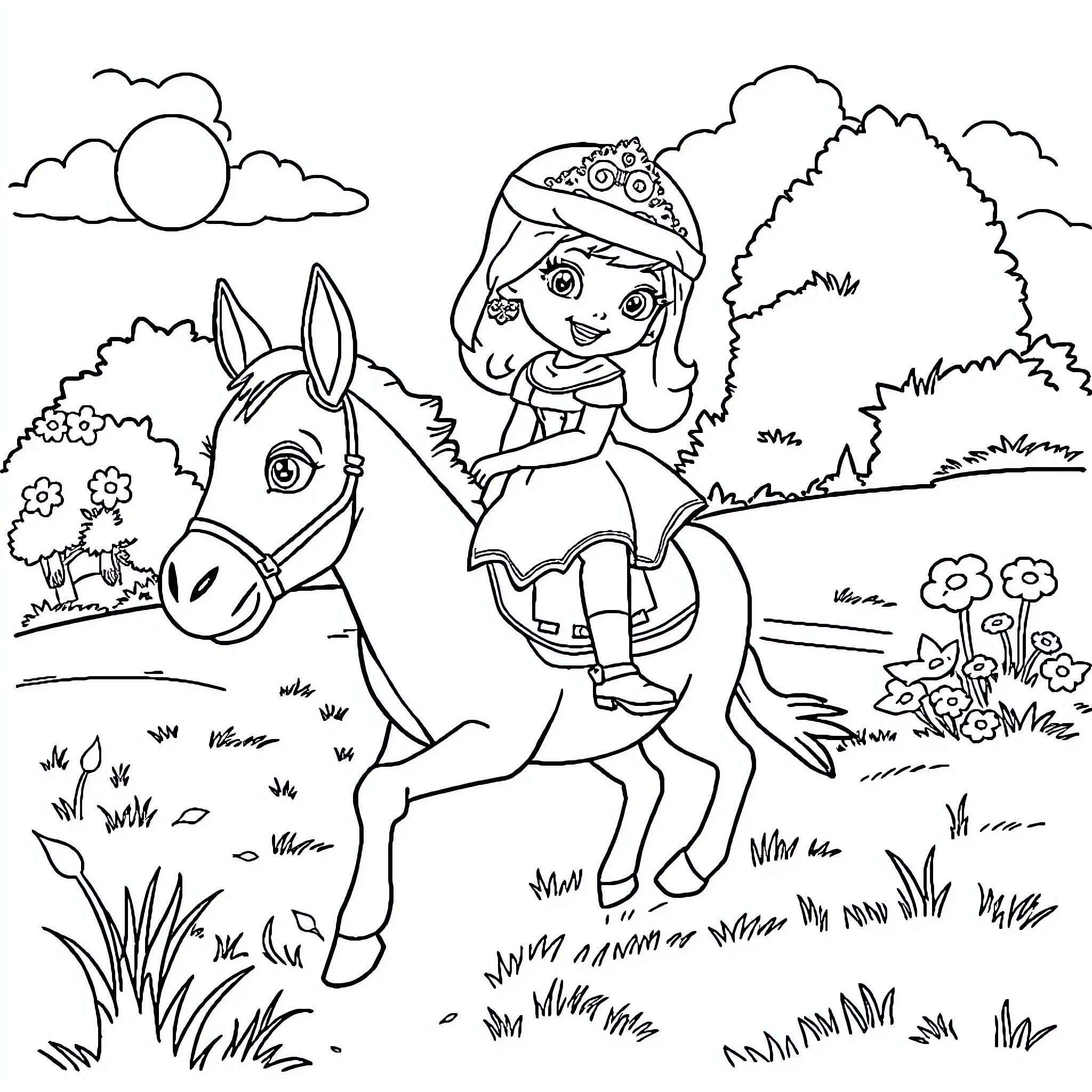 Sofia Riding a Cheerful Donkey in the Countryside Coloring Page (free black-and-white line drawing printable PDF for all, from beginners to advanced learners, including children, teens, adults, and seniors)