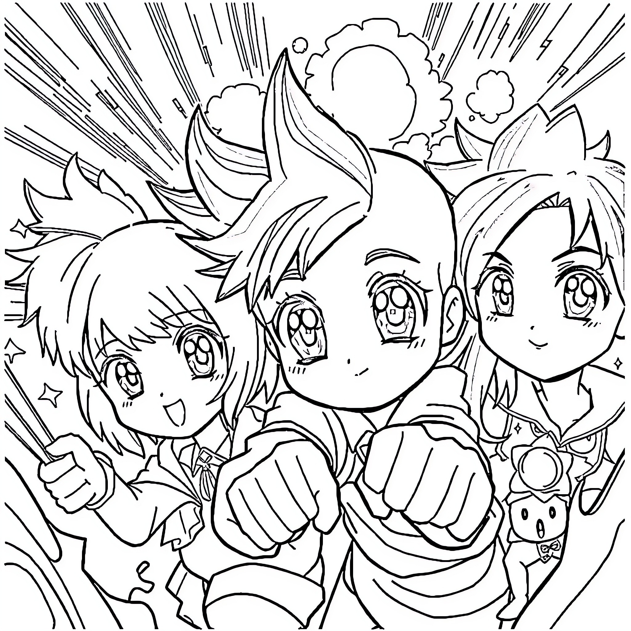 Anime Characters Excitedly Celebrating Together Coloring Page (free black-and-white line drawing printable PDF for all, from beginners to advanced learners, including children, teens, adults, and seniors)