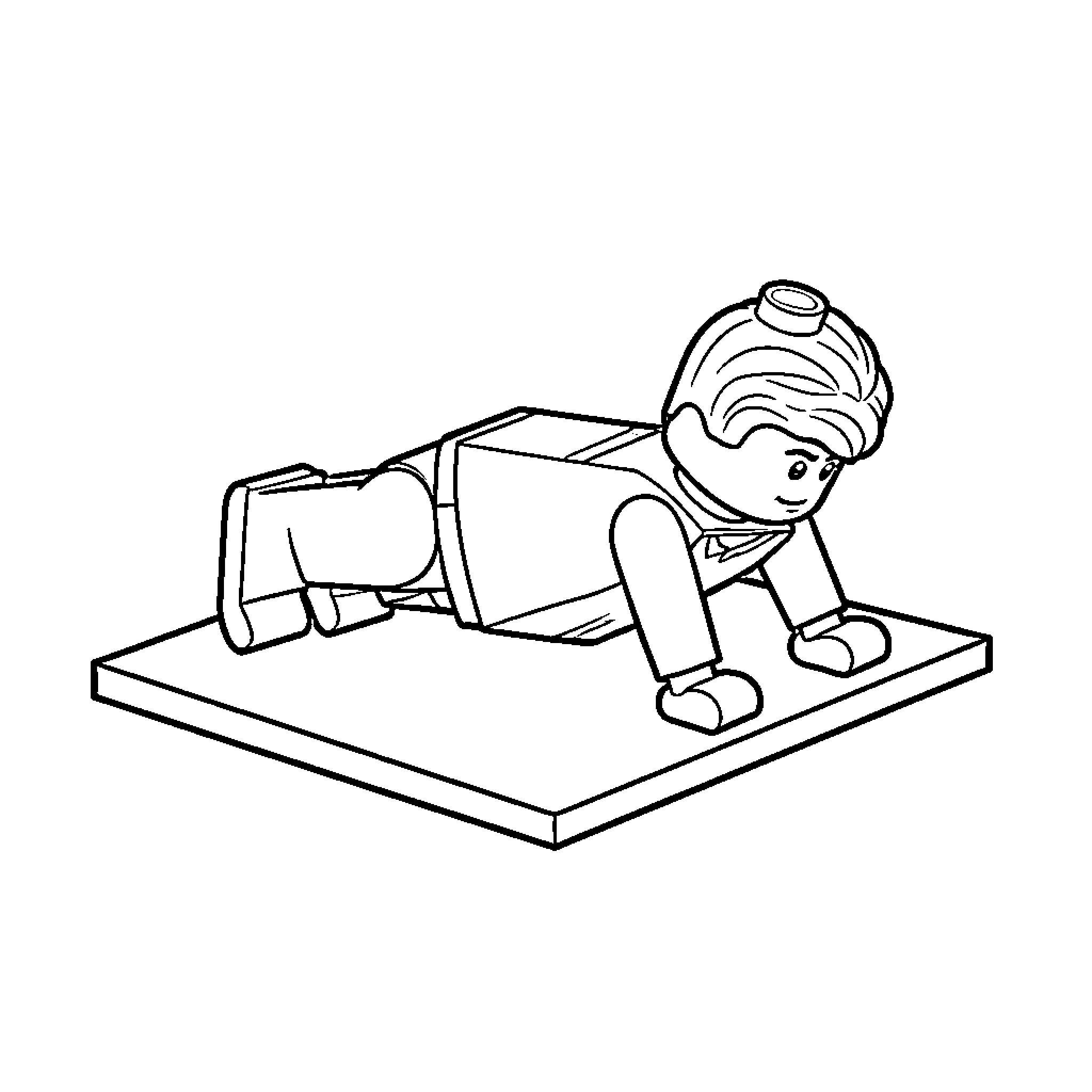 Lego figure performing pushups on a flat base Coloring Page (free black-and-white line drawing printable PDF for all, from beginners to advanced learners, including children, teens, adults, and seniors)