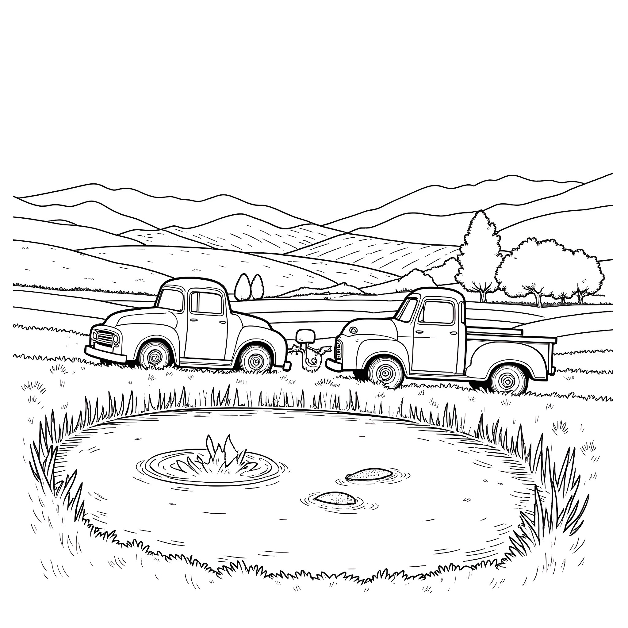 Farmhouse scene with vintage trucks on rural landscape Coloring Page (free black-and-white line drawing printable PDF for all, from beginners to advanced learners, including children, teens, adults, and seniors)